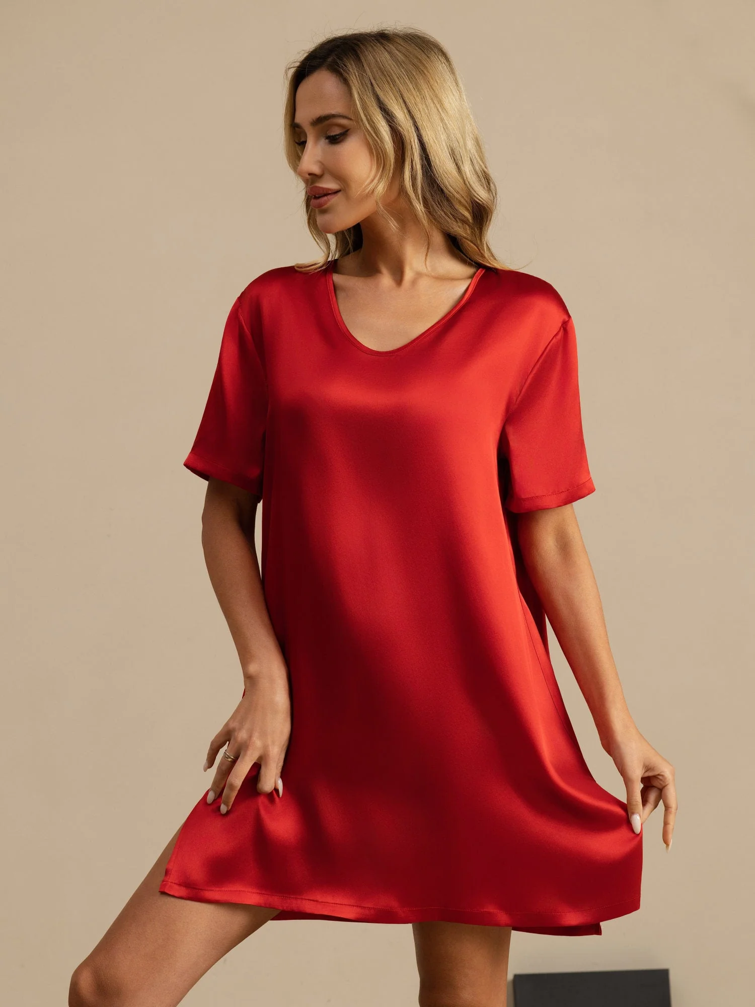 Pure Silk Half Sleeve V-neck Short Nightdress with Split Design - Image 54