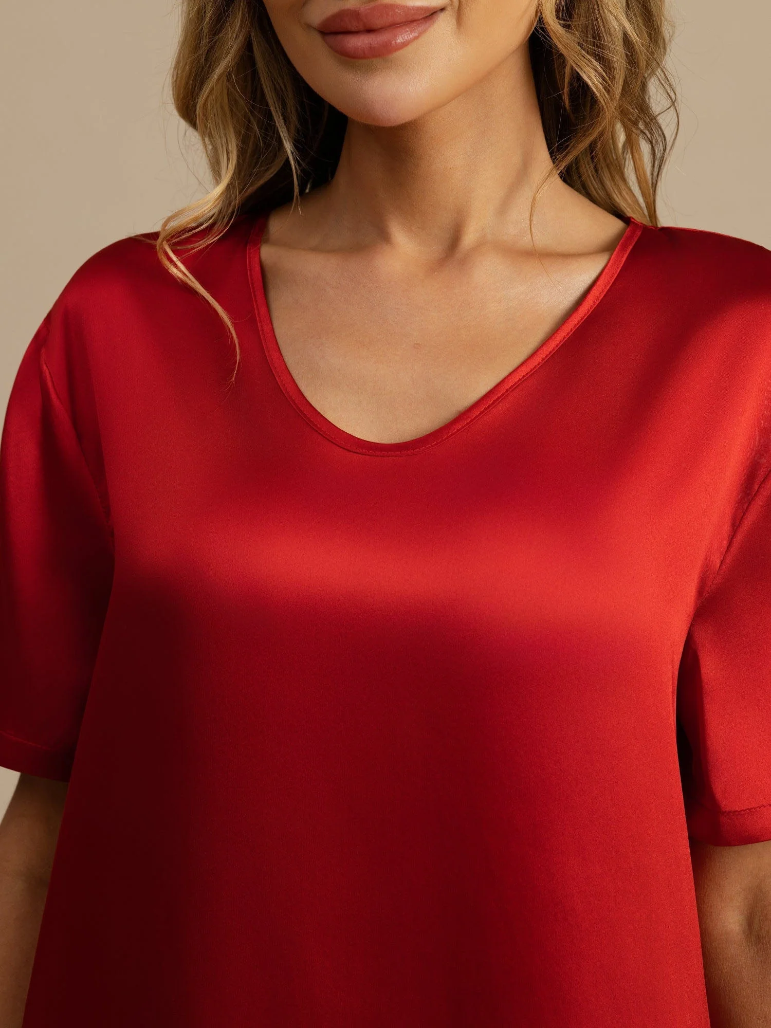 Pure Silk Half Sleeve V-neck Short Nightdress with Split Design - Image 56