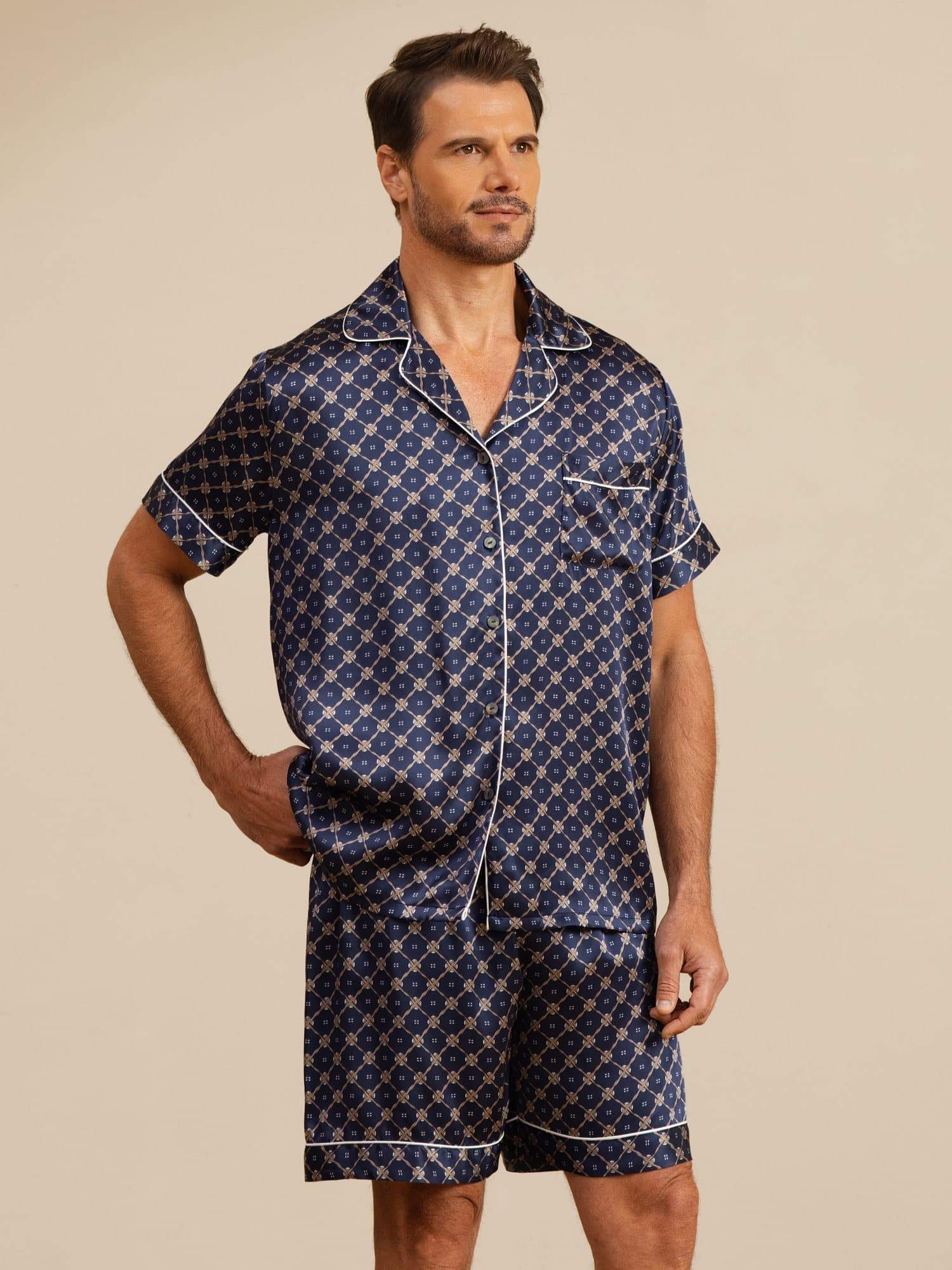 Pure Silk Short Sleeve Notch Collar Men's Chain Print Pajamas Set with Shorts