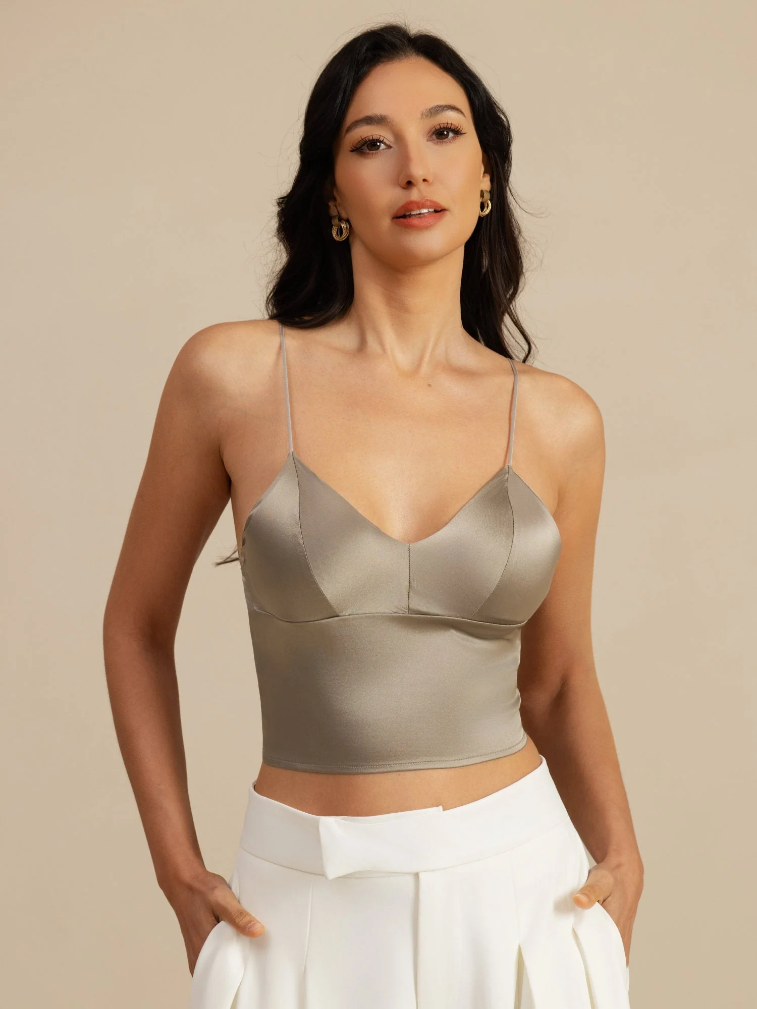 19Momme Silk Crop Top Spaghetti Strap V Neck Camisoles with Built-in Bra - Image 16