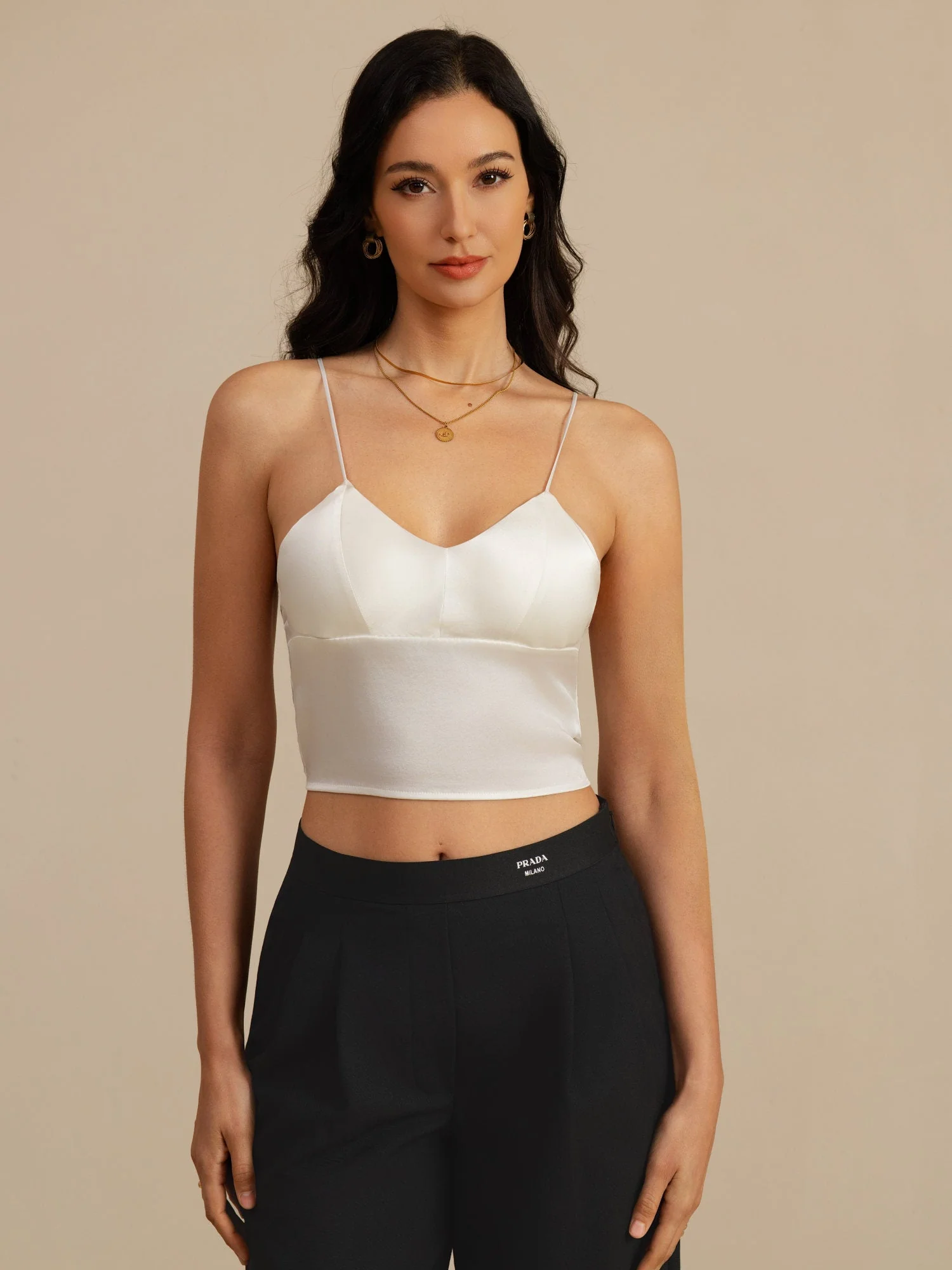 19Momme Silk Crop Top Spaghetti Strap V Neck Camisoles with Built-in Bra - Image 3