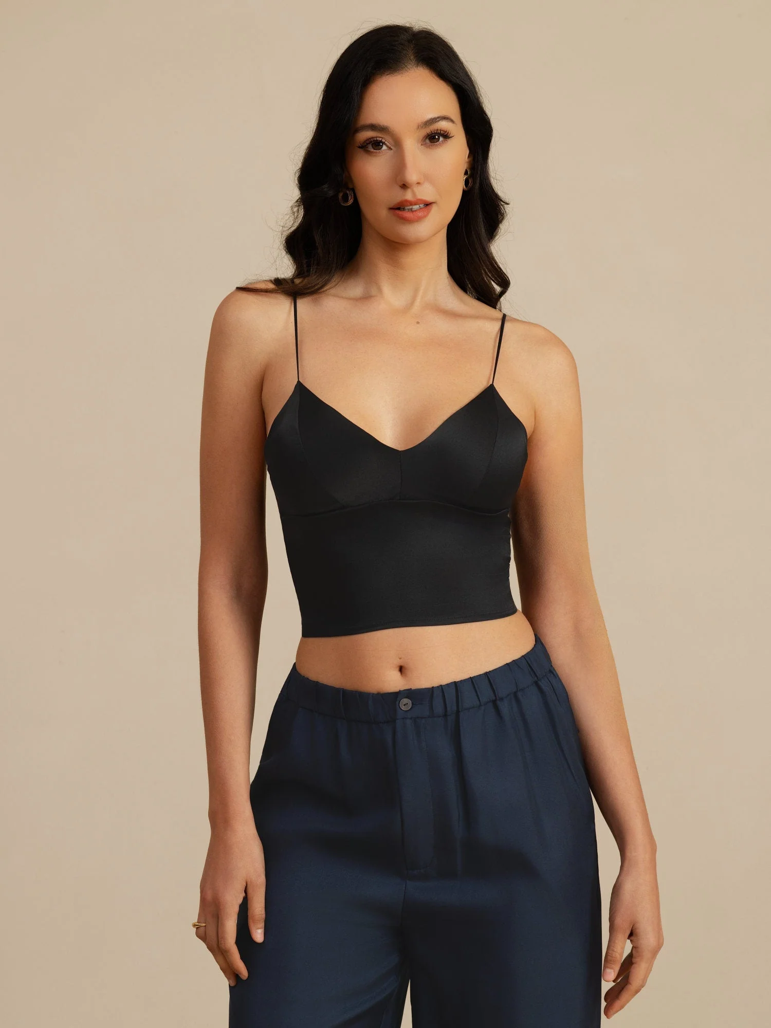 19Momme Silk Crop Top Spaghetti Strap V Neck Camisoles with Built-in Bra - Image 9