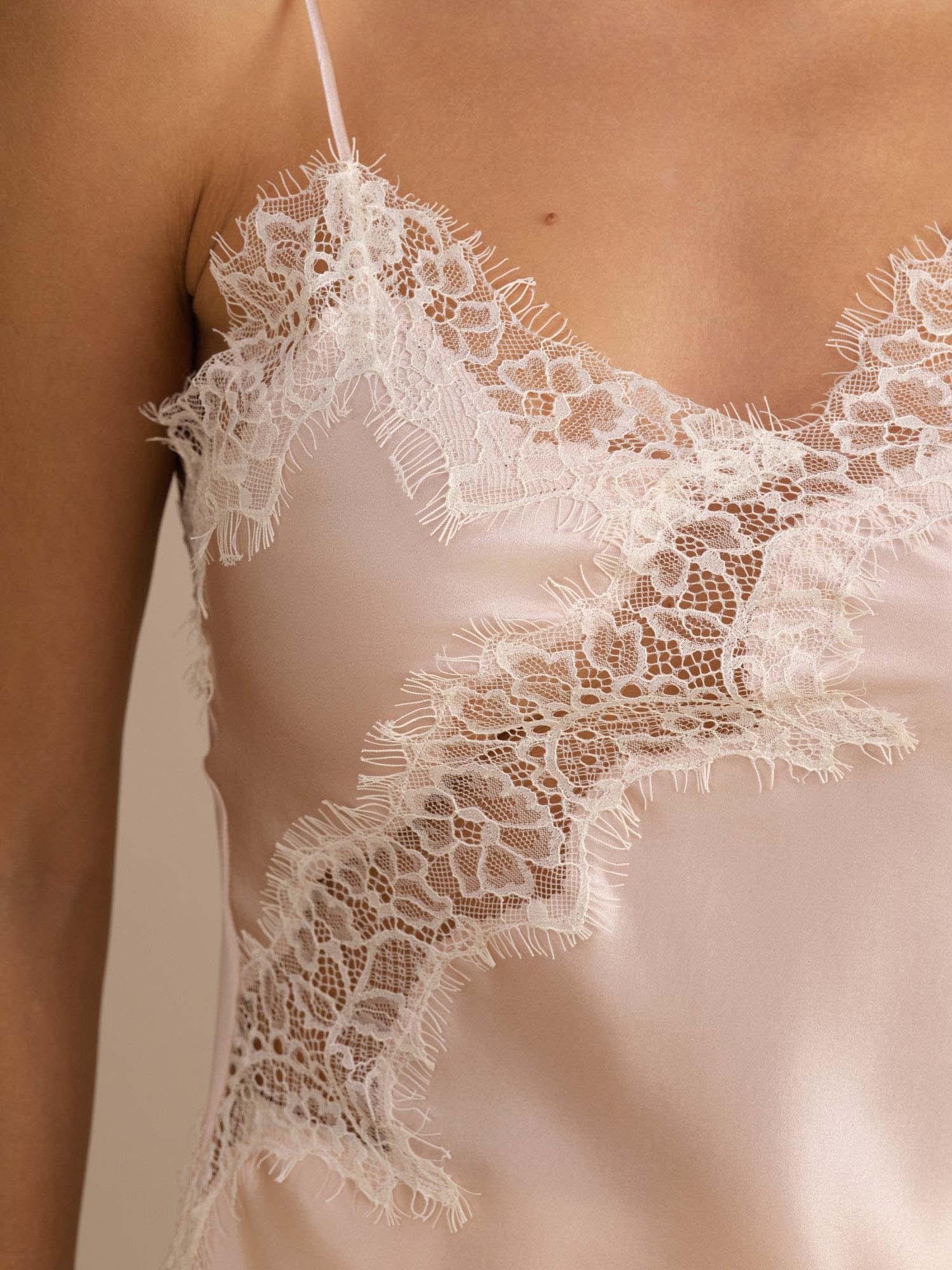 100% Mulberry Silk Spaghetti Straps Lace Camisole Top with Asymmetrical Hem - Image 14