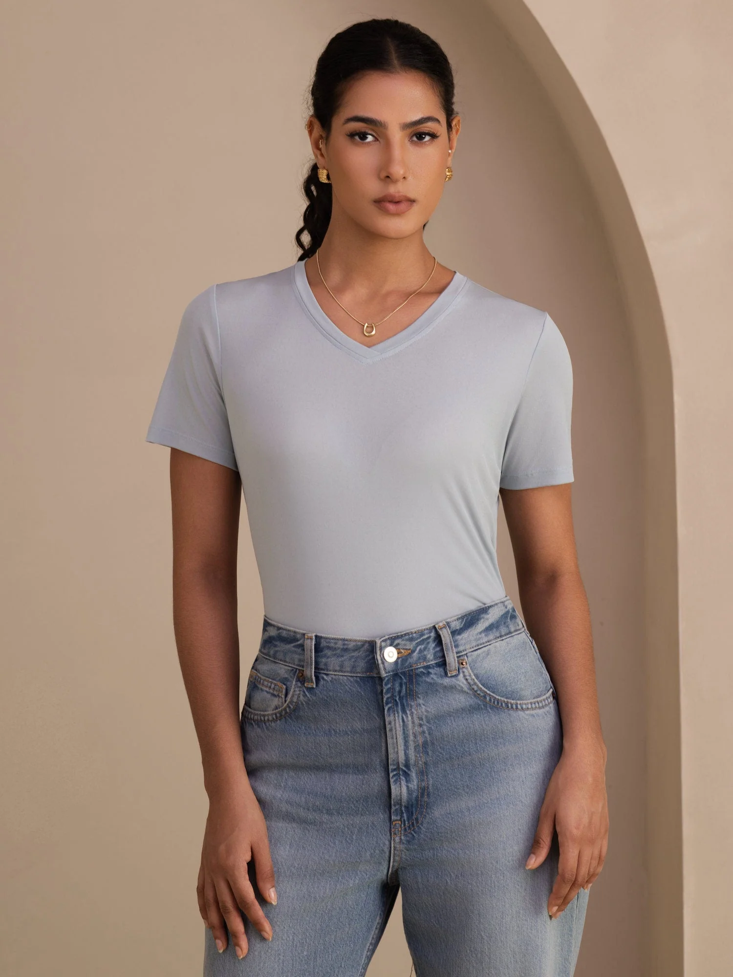 Pure Silk V Neck Short-Sleeve Snag-Resistant Women's T-Shirt - Image 12