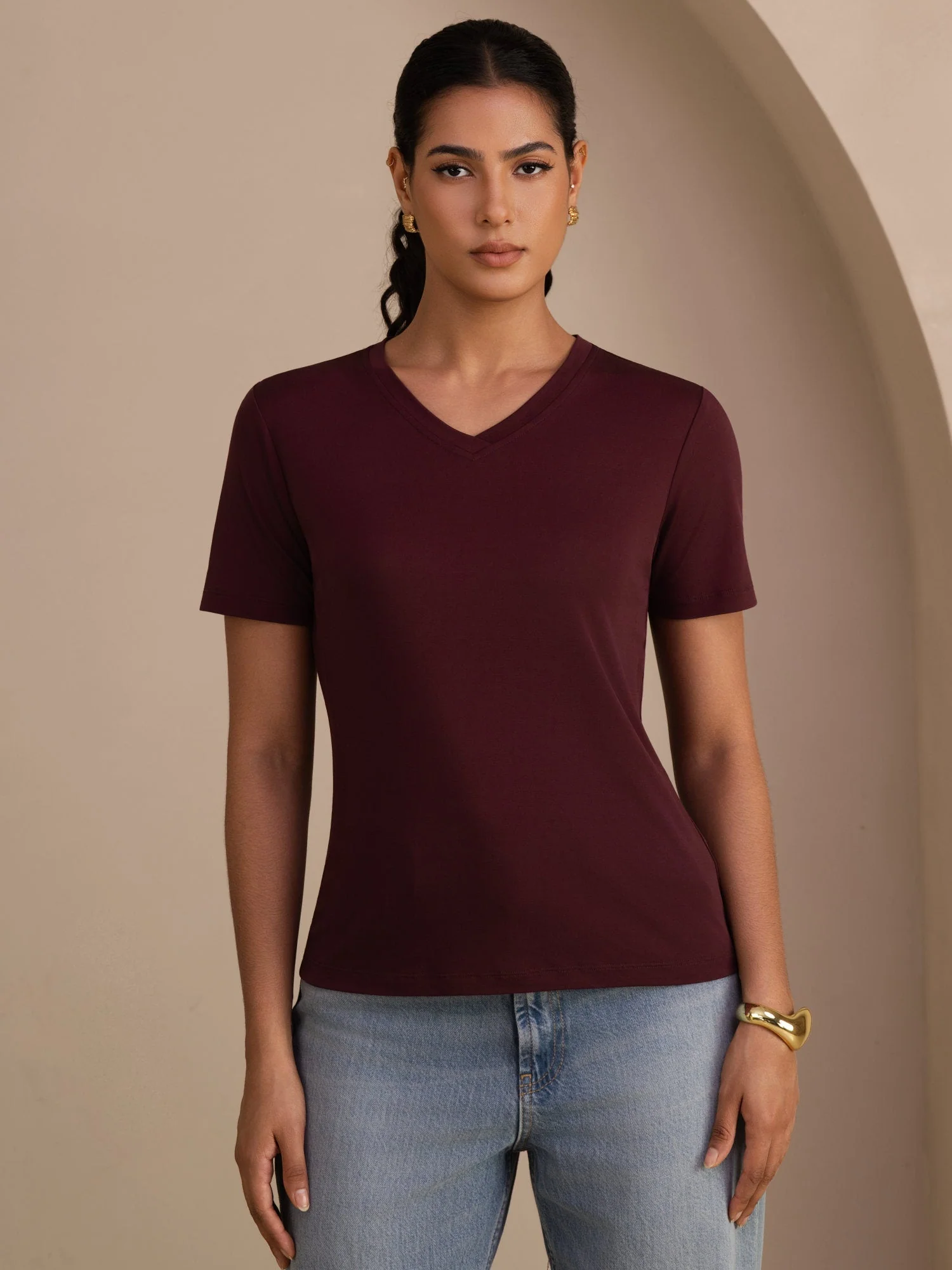 Pure Silk V Neck Short-Sleeve Snag-Resistant Women's T-Shirt - Image 19