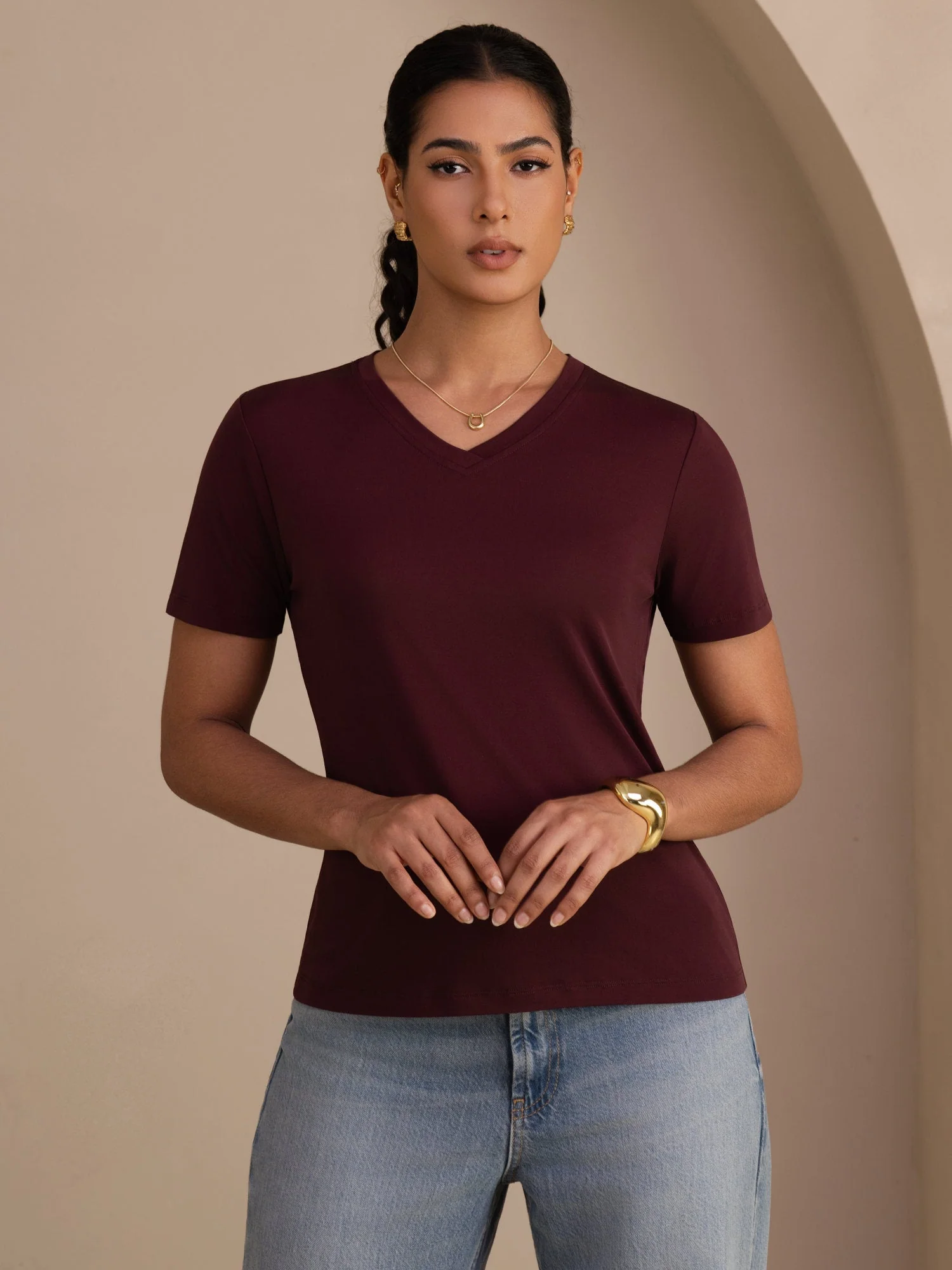 Pure Silk V Neck Short-Sleeve Snag-Resistant Women's T-Shirt - Image 20