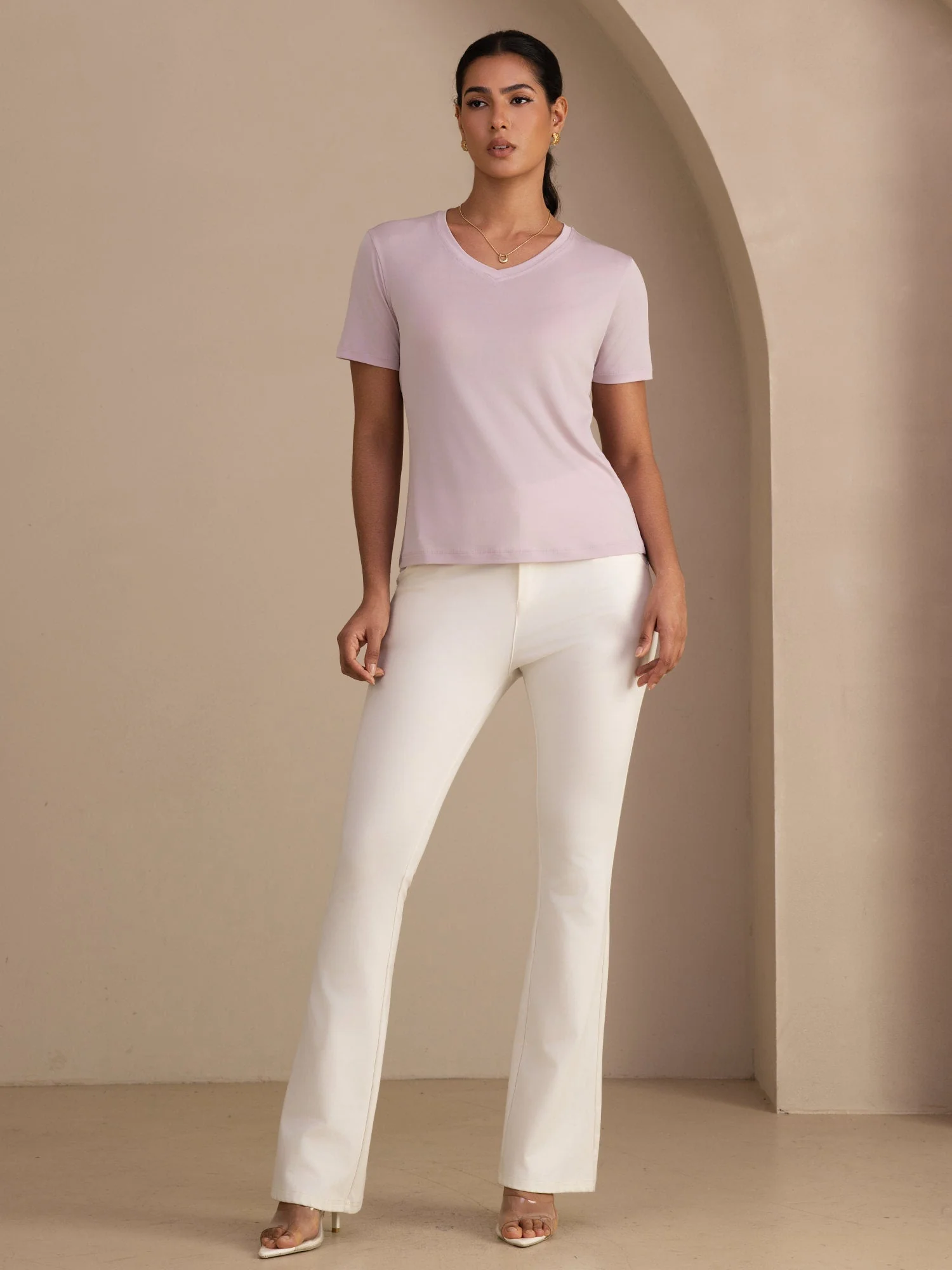 Pure Silk V Neck Short-Sleeve Snag-Resistant Women's T-Shirt - Image 29
