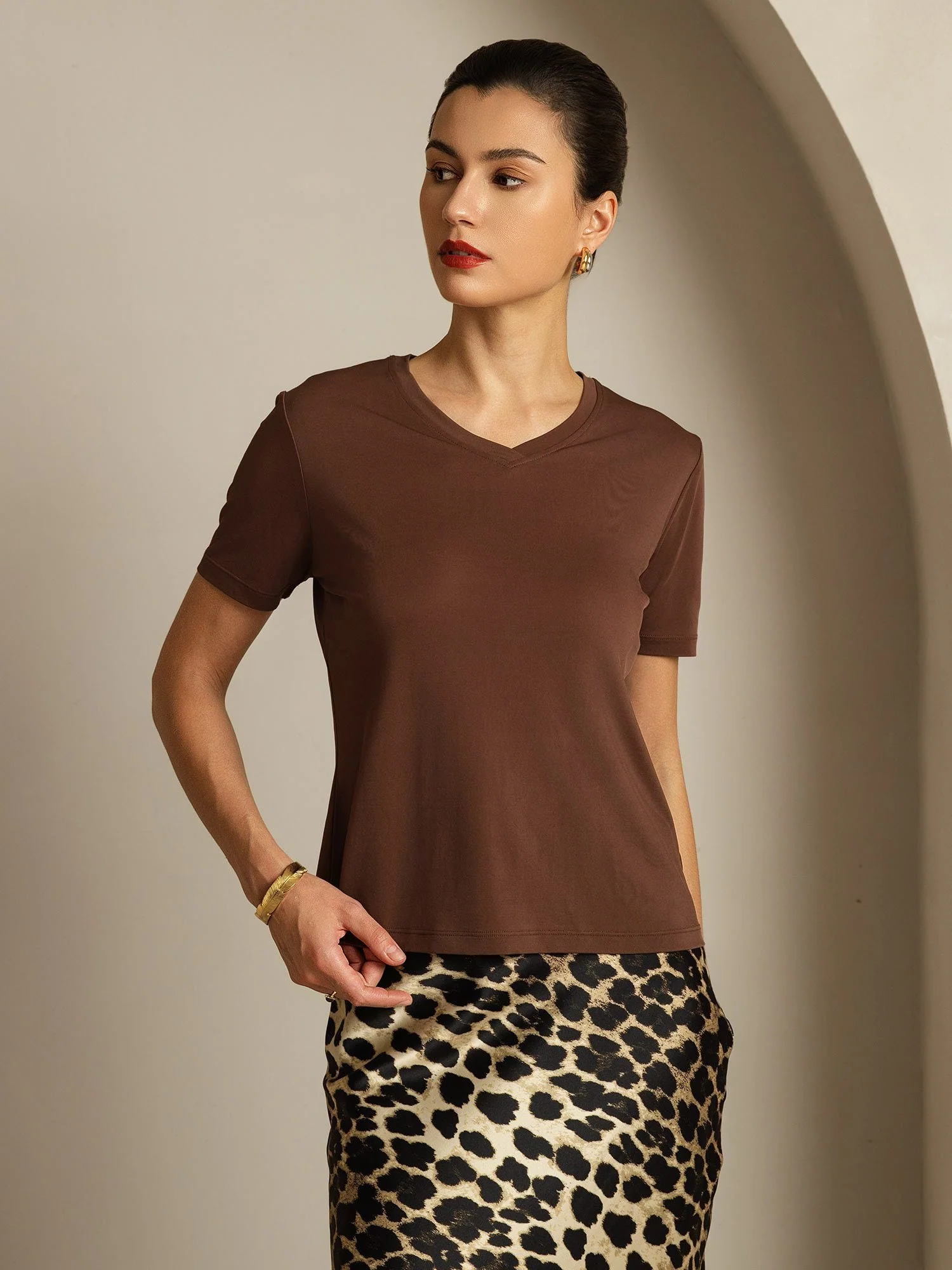 Pure Silk V Neck Short-Sleeve Snag-Resistant Women's T-Shirt - Image 53