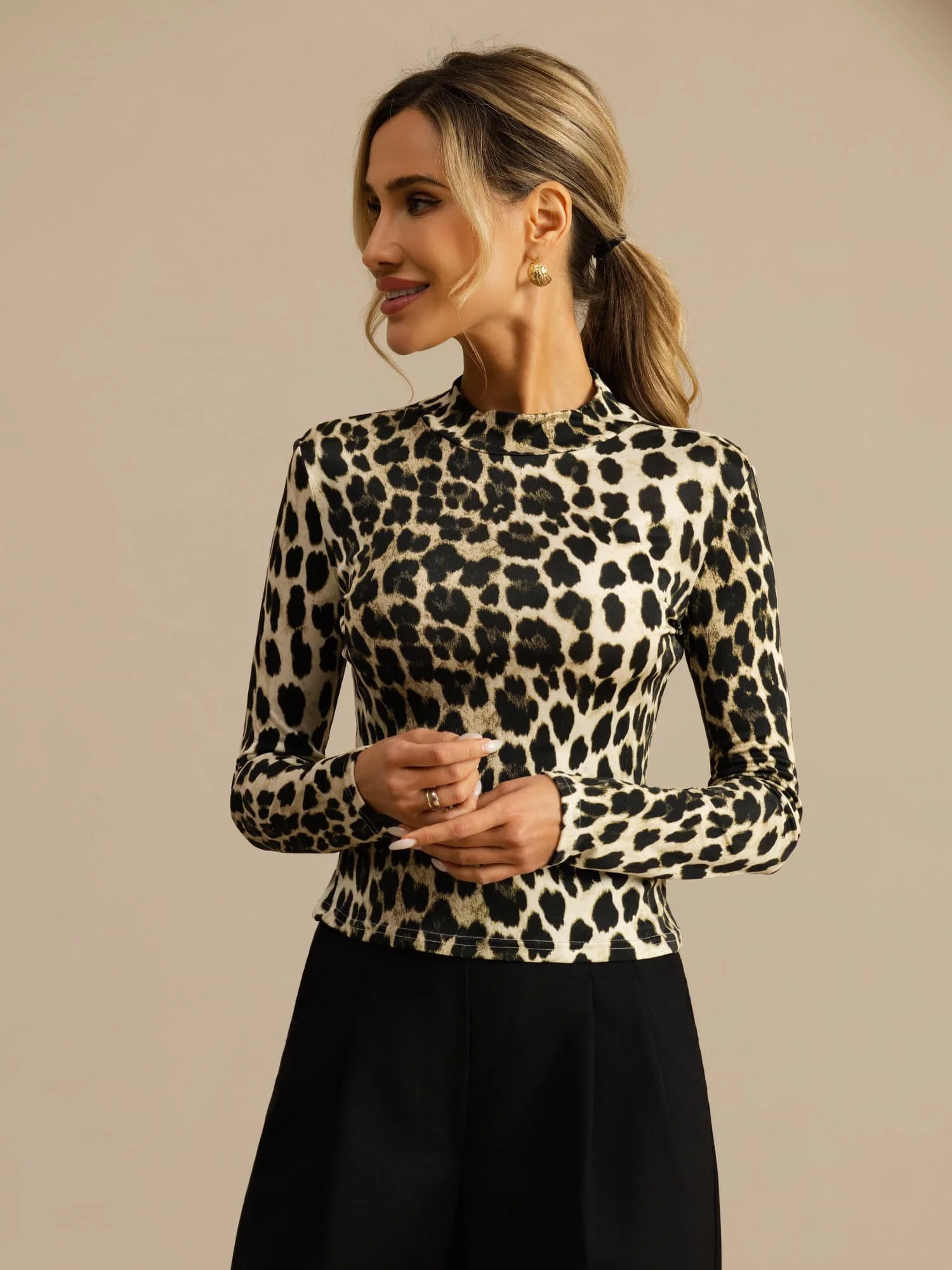 Pure Silk Wild Animal Print Women's Long Sleeve Mock Neck Top - Image 20