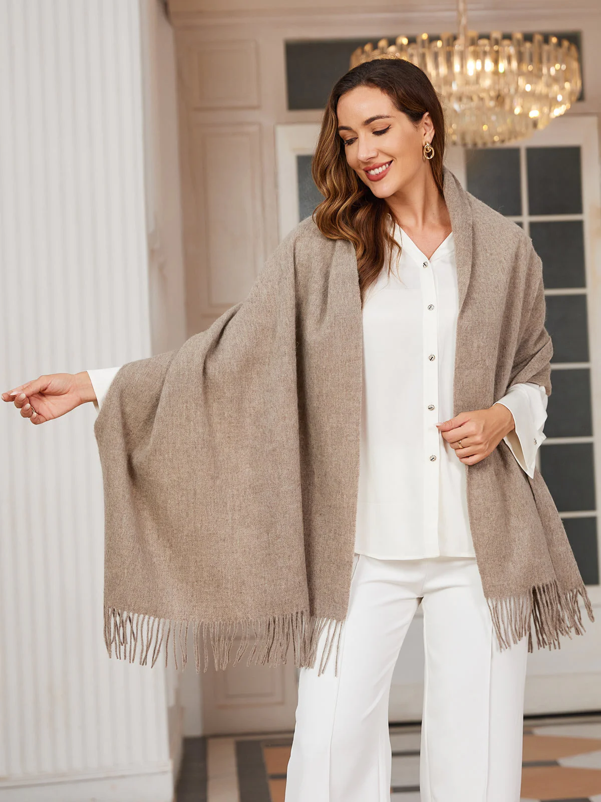 Clearance-Pure Wool Scarf Shawl w/ Fringed Decoration 200x70cm/79 - Image 13