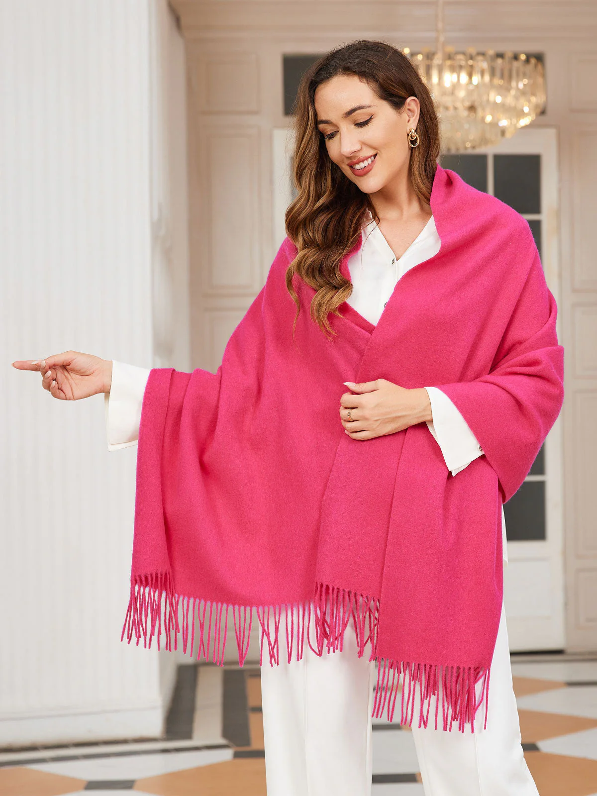 Clearance-Pure Wool Scarf Shawl w/ Fringed Decoration 200x70cm/79 - Image 14