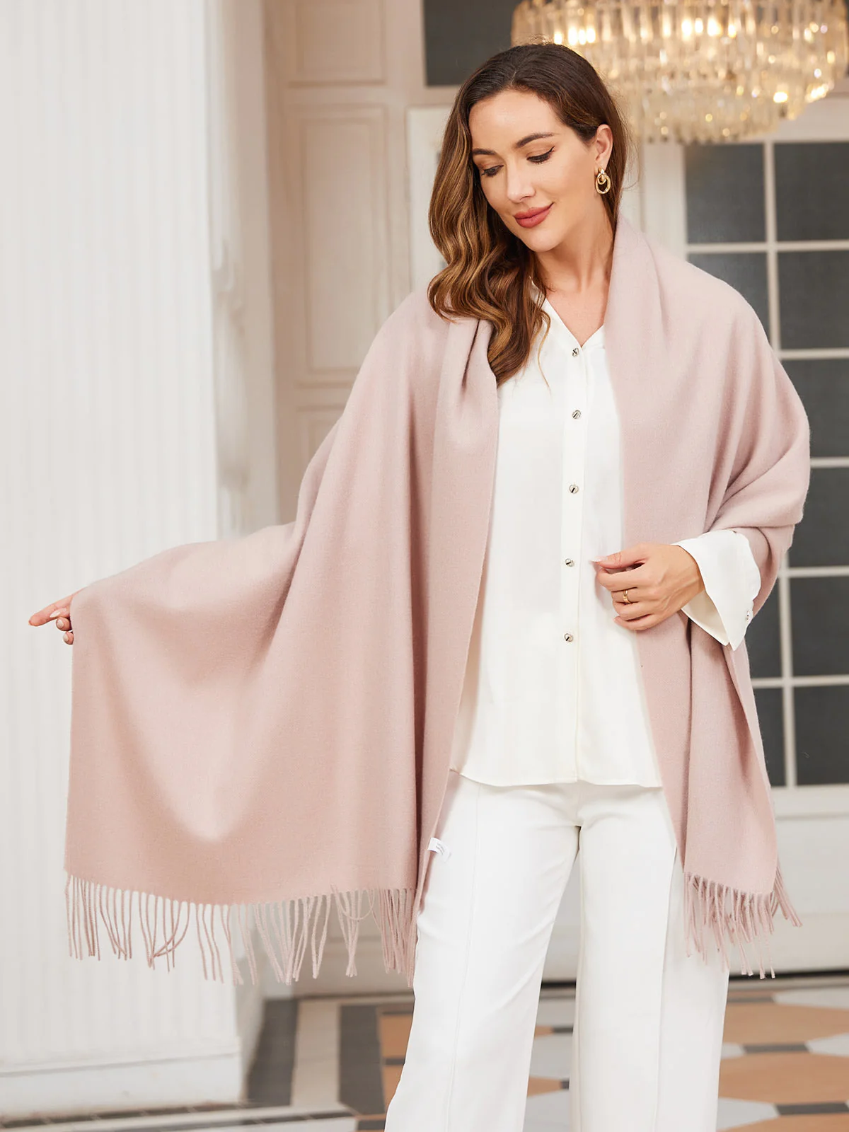 Clearance-Pure Wool Scarf Shawl w/ Fringed Decoration 200x70cm/79 - Image 6