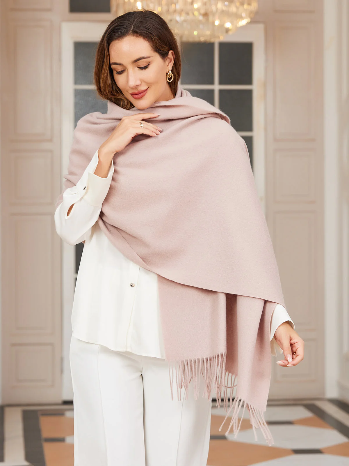 Clearance-Pure Wool Scarf Shawl w/ Fringed Decoration 200x70cm/79 - Image 9