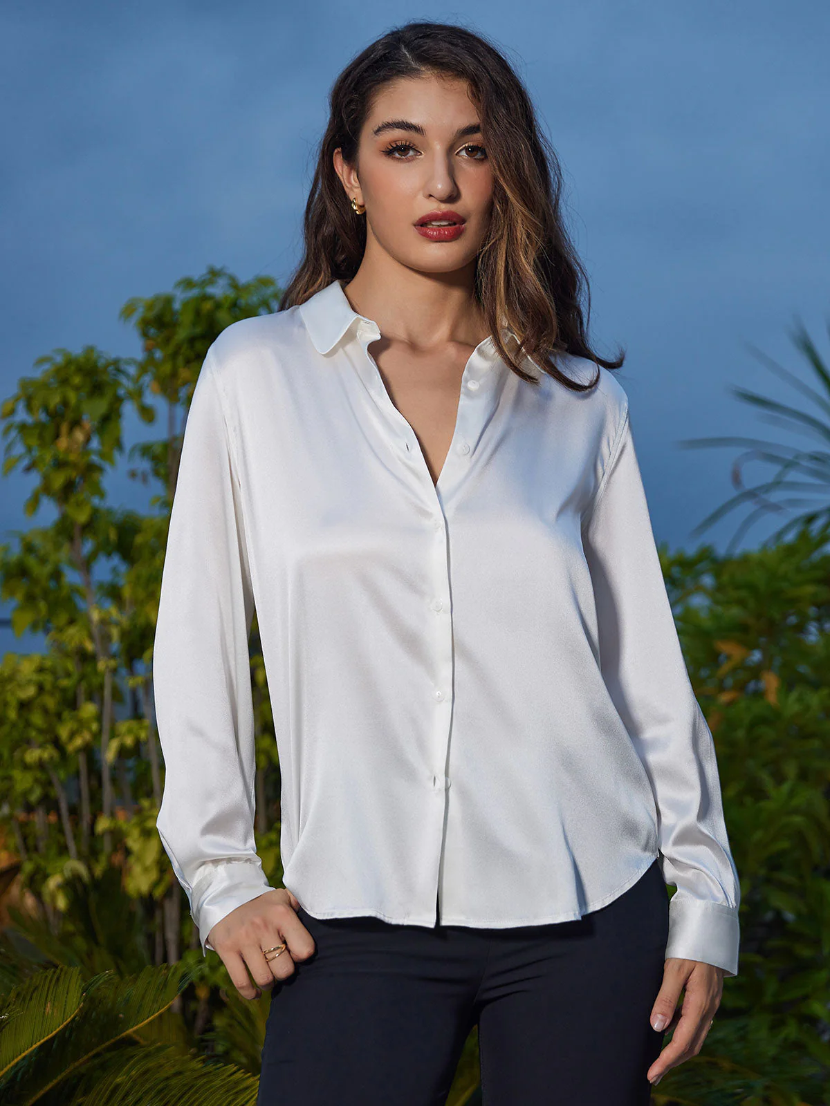19Momme Silk Long Sleeve Lapel Collar Women's Shirt with Button Up Design - Image 19