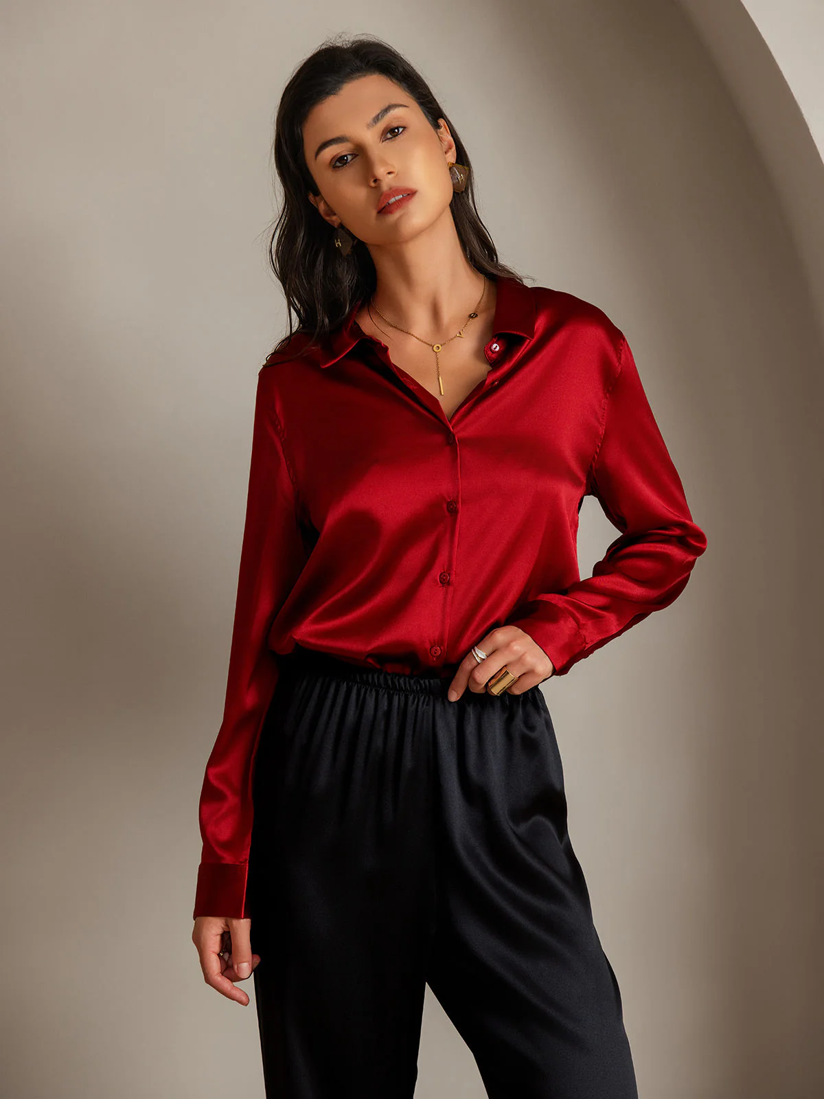 19Momme Silk Long Sleeve Lapel Collar Women's Shirt with Button Up Design - Image 23