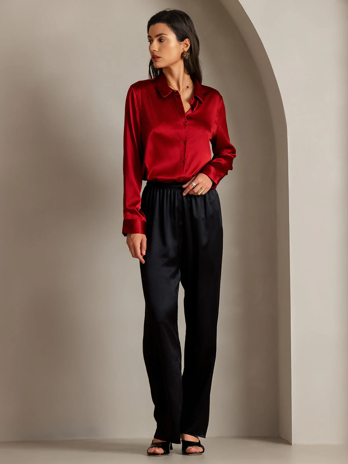 19Momme Silk Long Sleeve Lapel Collar Women's Shirt with Button Up Design - Image 25