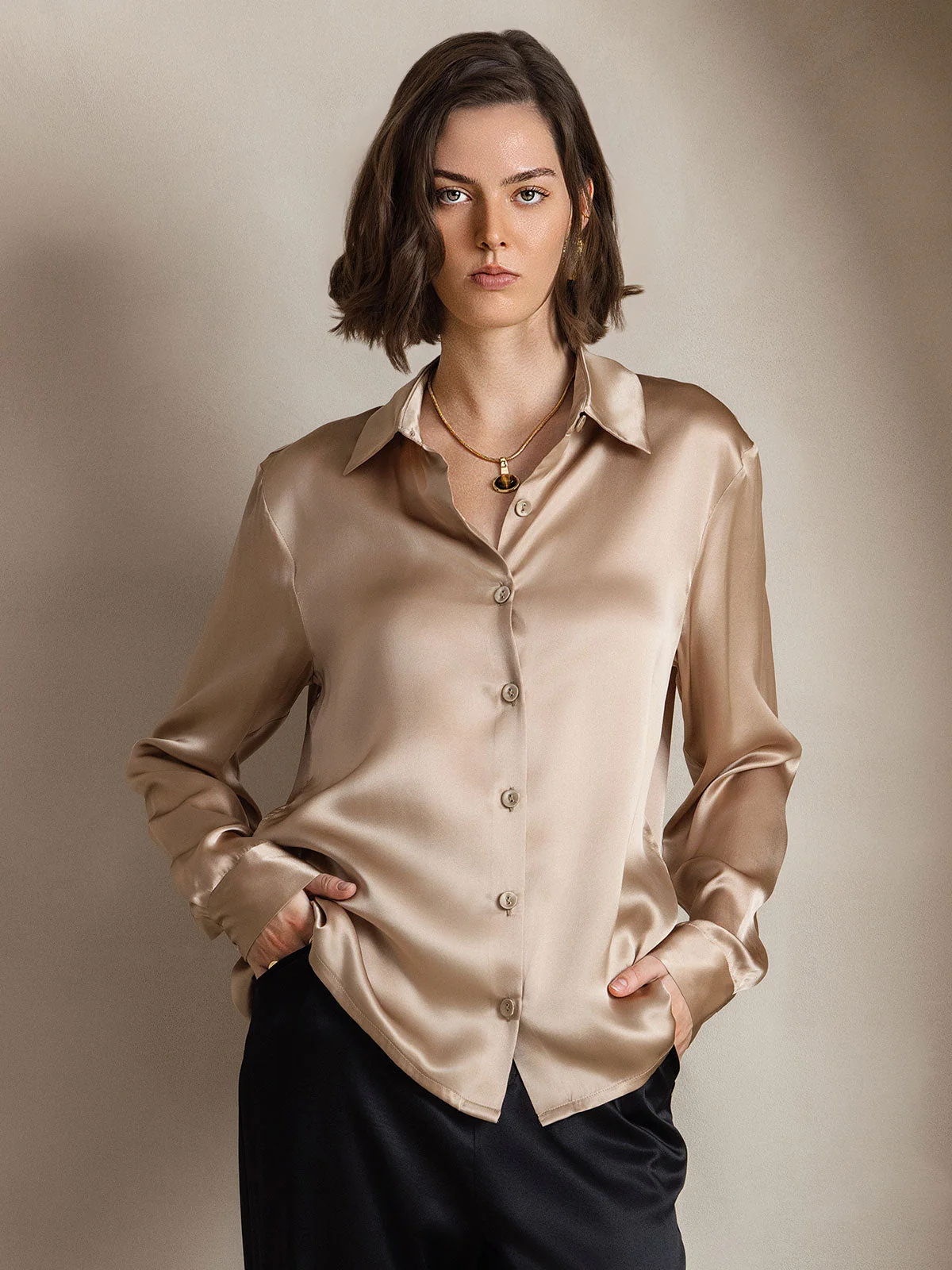 19Momme Silk Long Sleeve Lapel Collar Women's Shirt with Button Up Design - Image 31