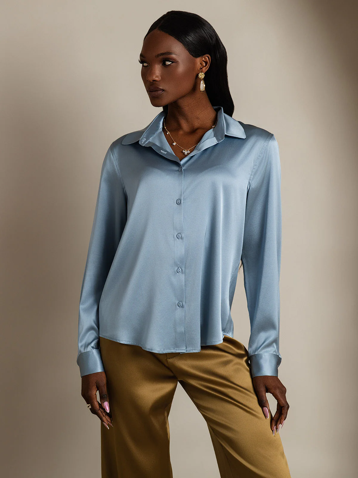 19Momme Silk Long Sleeve Lapel Collar Women's Shirt with Button Up Design - Image 40