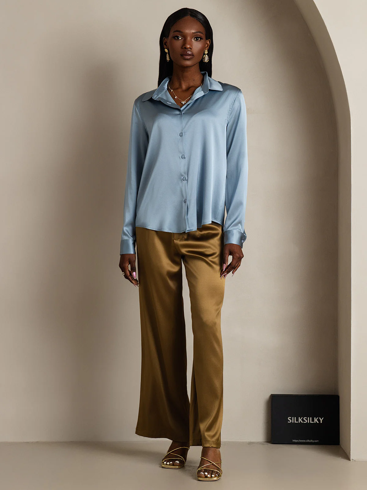 19Momme Silk Long Sleeve Lapel Collar Women's Shirt with Button Up Design - Image 45