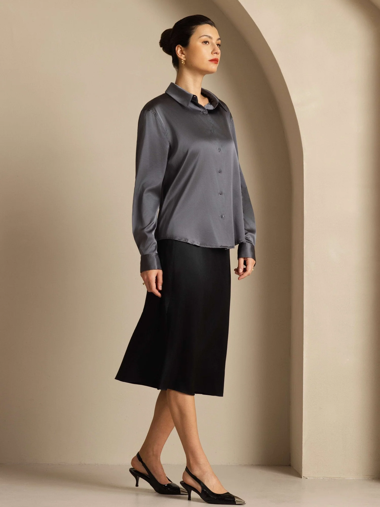 19Momme Silk Long Sleeve Lapel Collar Women's Shirt with Button Up Design - Image 70