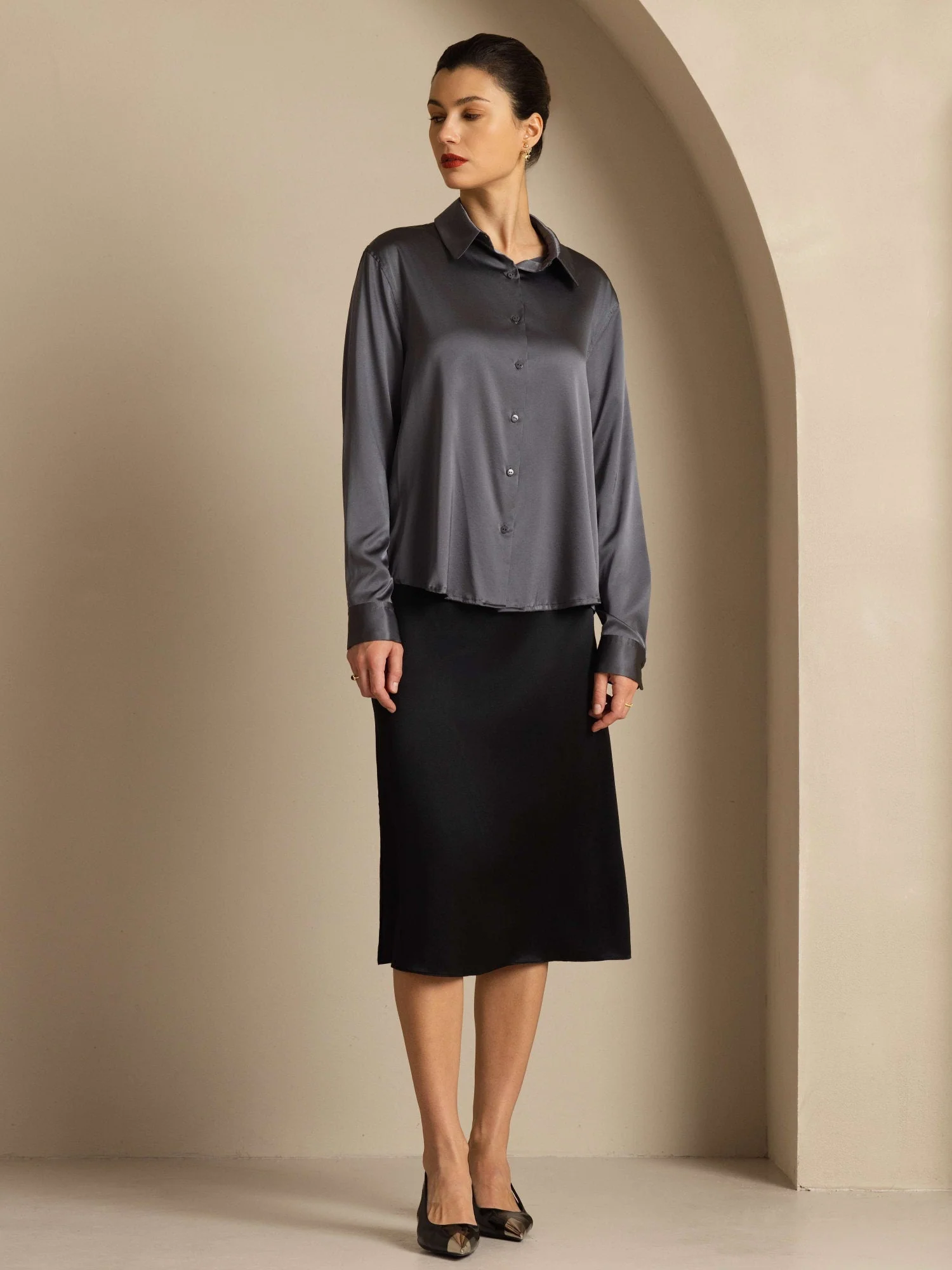 19Momme Silk Long Sleeve Lapel Collar Women's Shirt with Button Up Design - Image 74