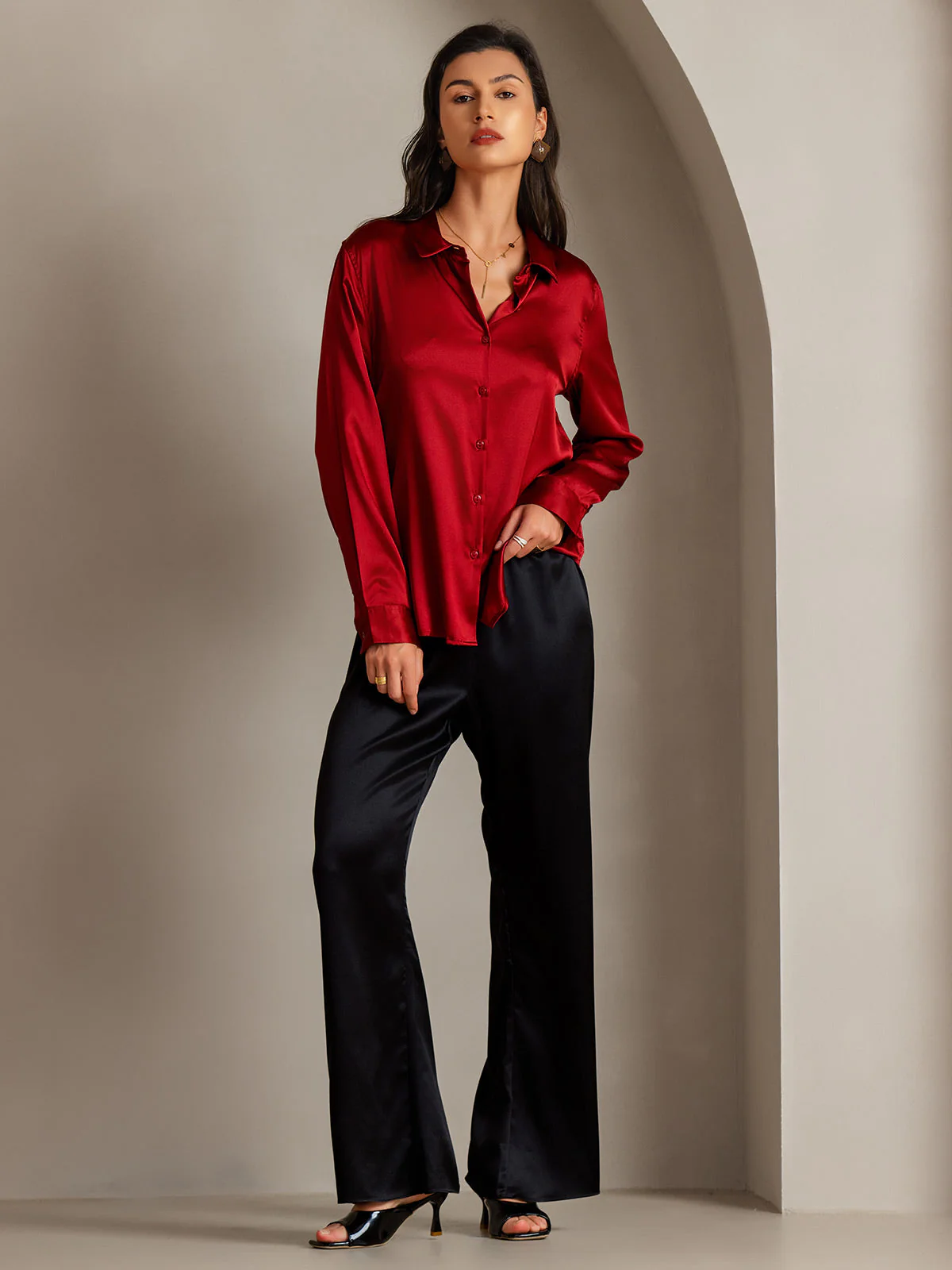 19Momme Silk Long Sleeve Lapel Collar Women's Shirt with Button Up Design - Image 105