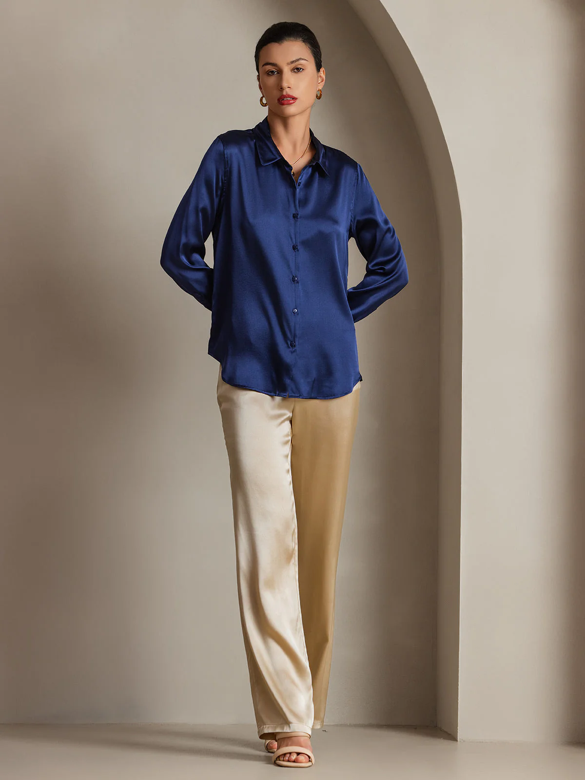 19Momme Silk Long Sleeve Lapel Collar Women's Shirt with Button Up Design - Image 111