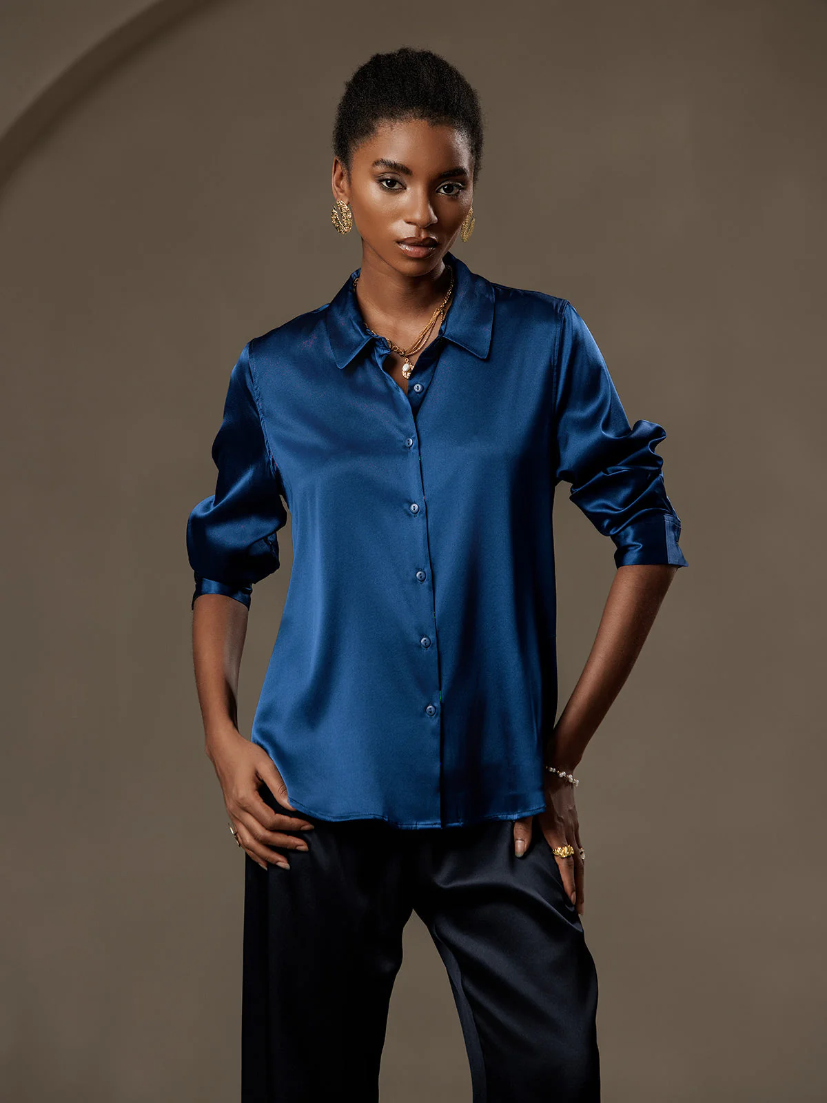 19Momme Silk Long Sleeve Lapel Collar Women's Shirt with Button Up Design - Image 119
