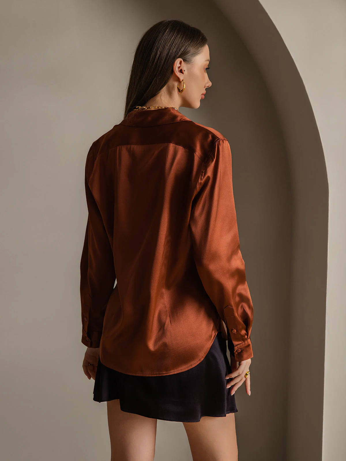 19Momme Silk Long Sleeve Lapel Collar Women's Shirt with Button Up Design - Image 18