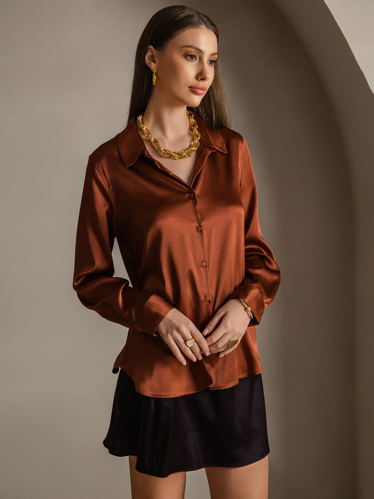 19Momme Silk Long Sleeve Lapel Collar Women's Shirt with Button Up Design - Image 20