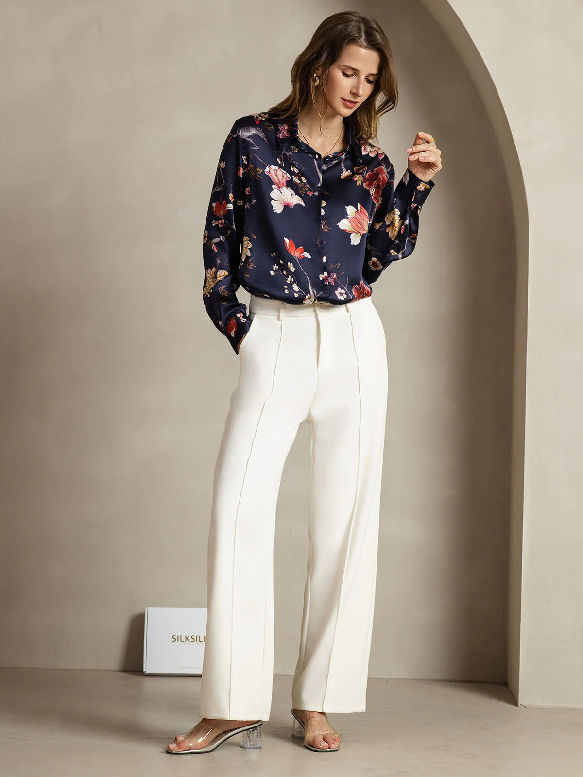 19Momme Silk Long Sleeve Lapel Collar Women's Shirt with Button Up Design - Image 36