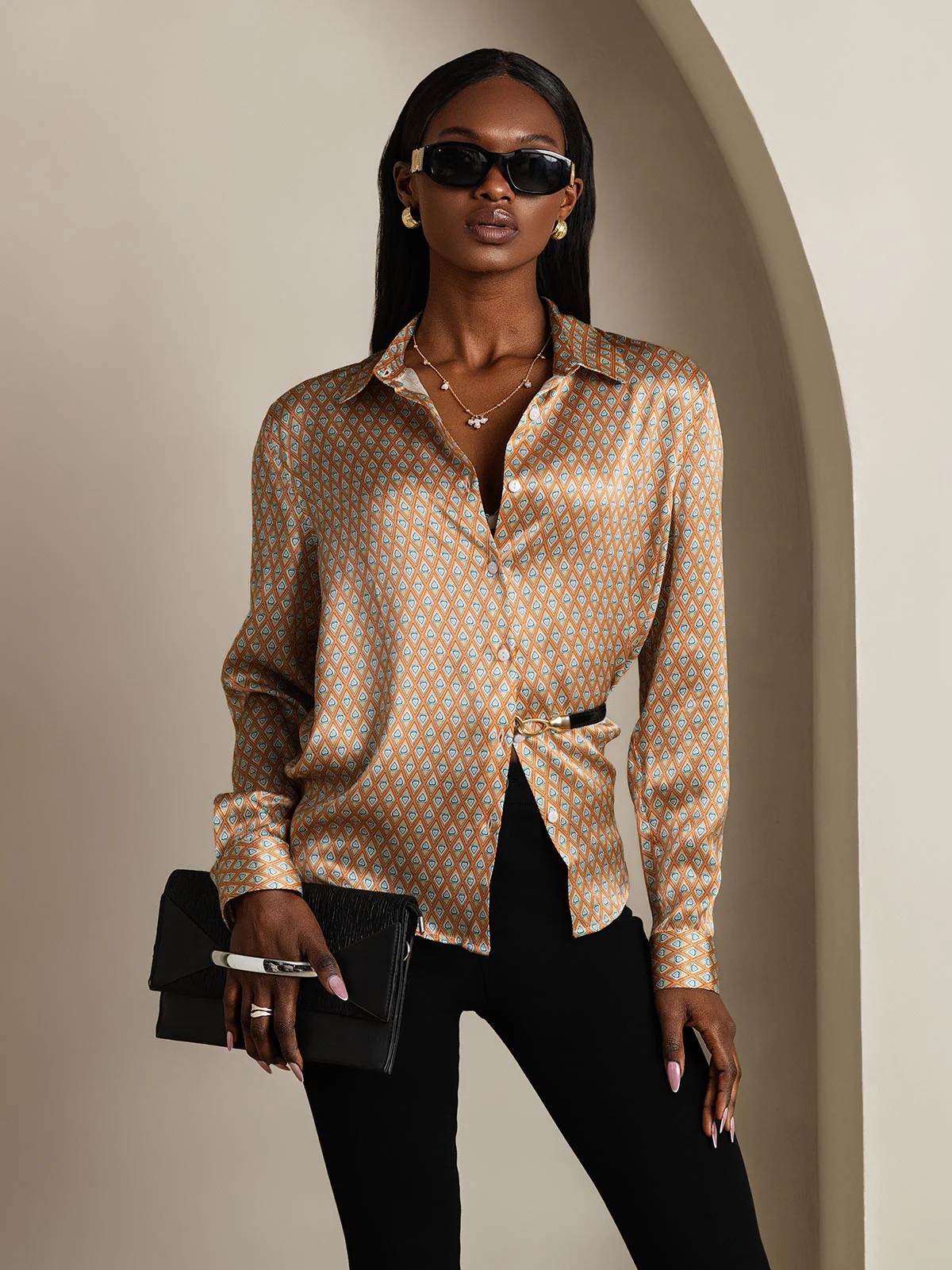 19Momme Silk Long Sleeve Lapel Collar Women's Shirt with Button Up Design - Image 93
