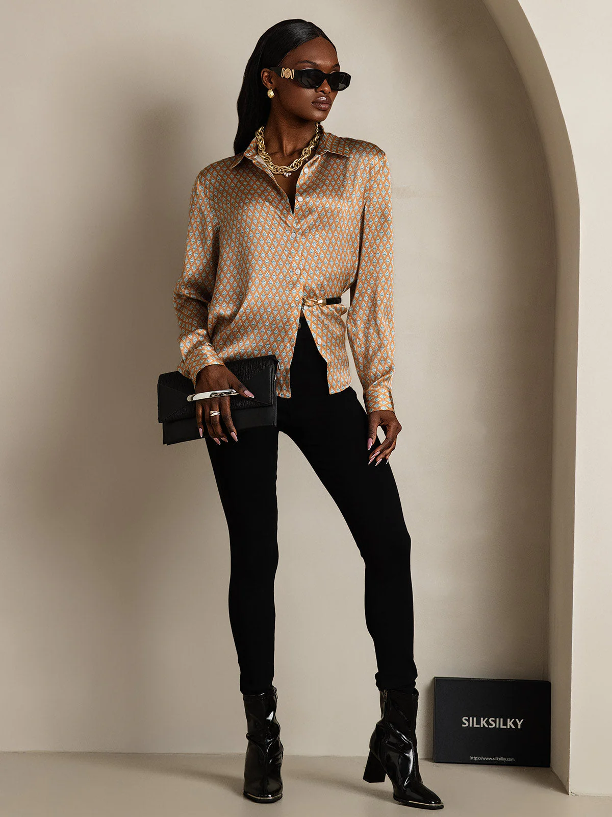 19Momme Silk Long Sleeve Lapel Collar Women's Shirt with Button Up Design - Image 108