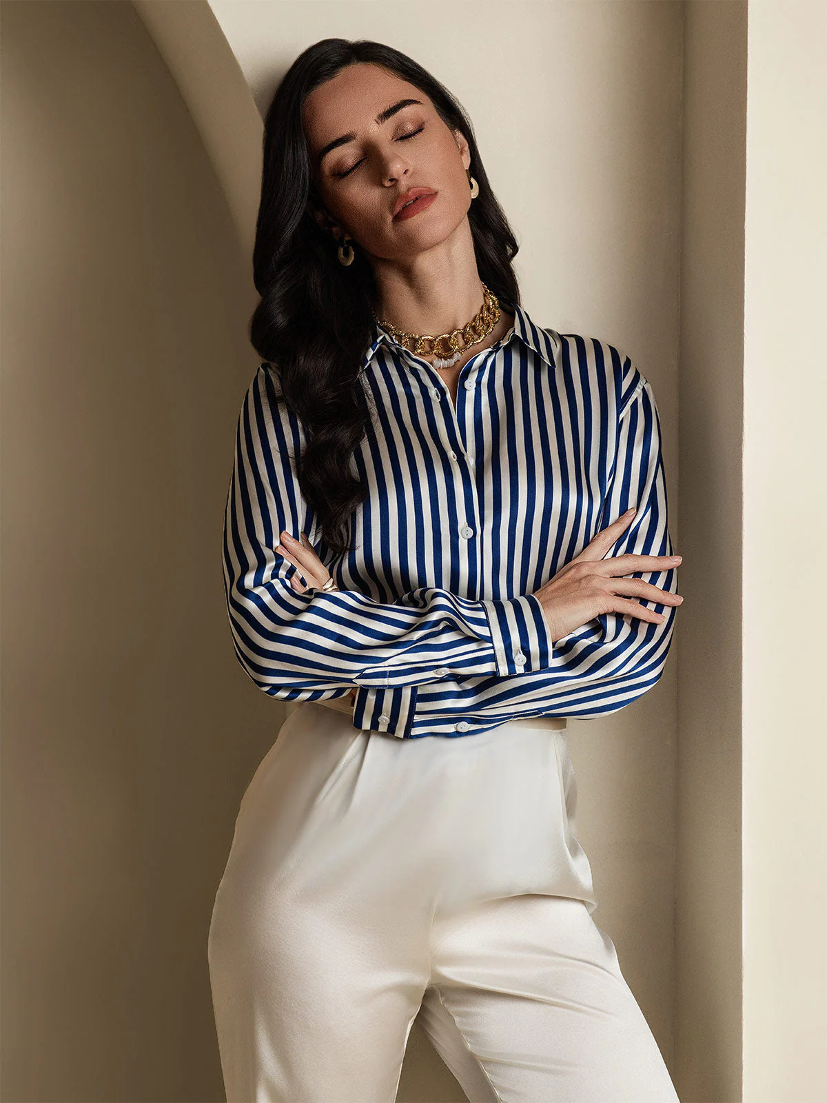19Momme Silk Long Sleeve Lapel Collar Women's Shirt with Button Up Design - Image 61