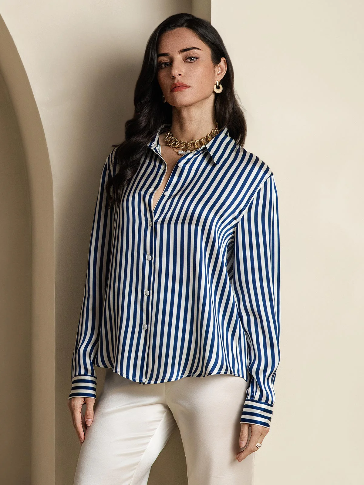 19Momme Silk Long Sleeve Lapel Collar Women's Shirt with Button Up Design - Image 63