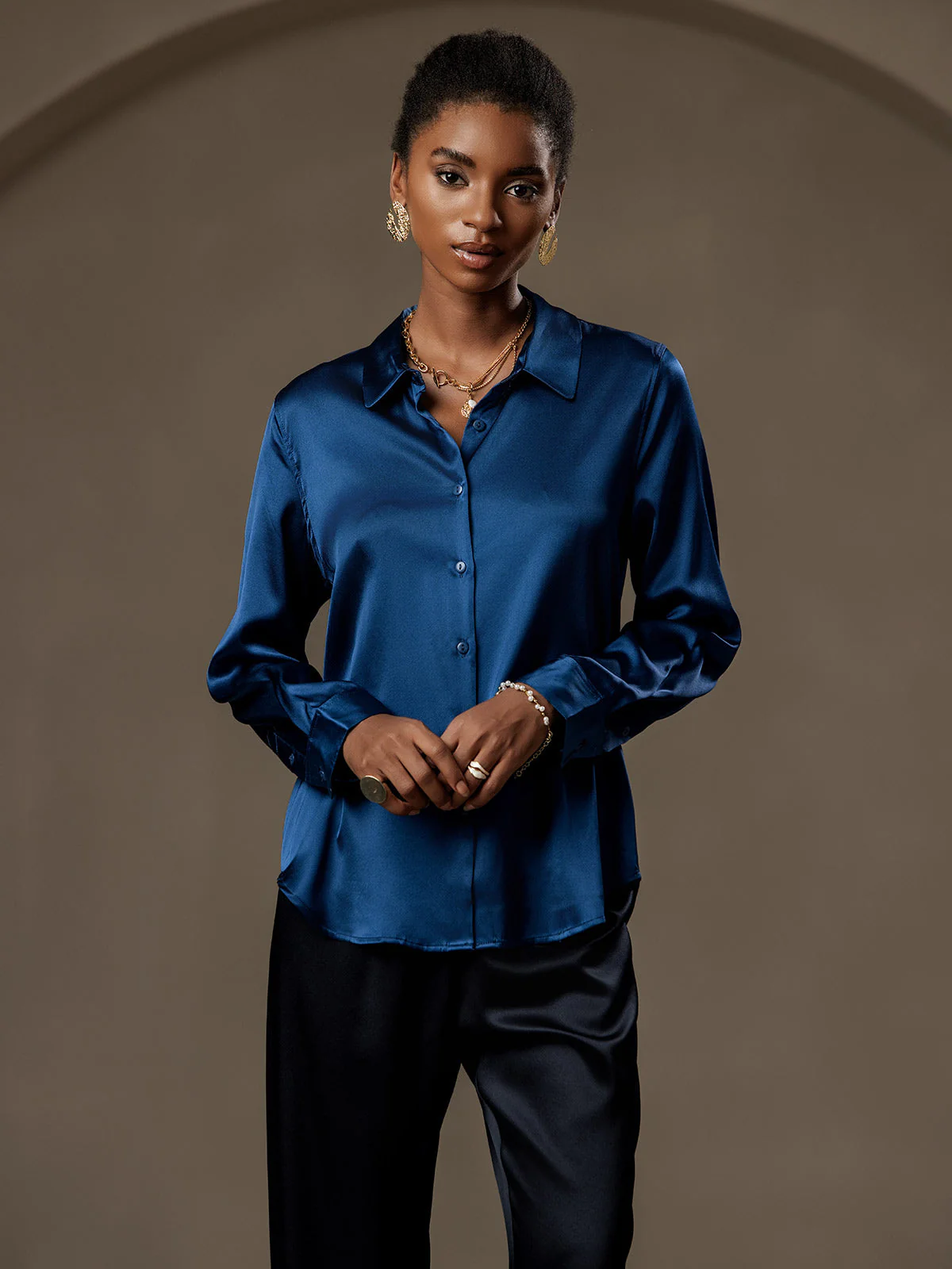 19Momme Silk Long Sleeve Lapel Collar Women's Shirt with Button Up Design - Image 72