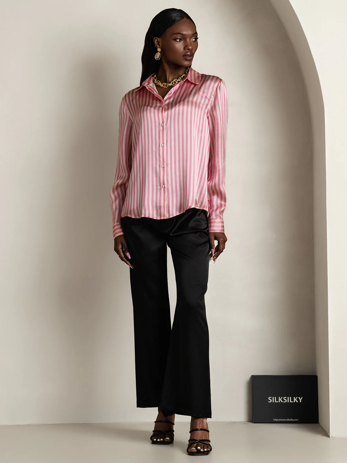 19Momme Silk Long Sleeve Lapel Collar Women's Shirt with Button Up Design - Image 92