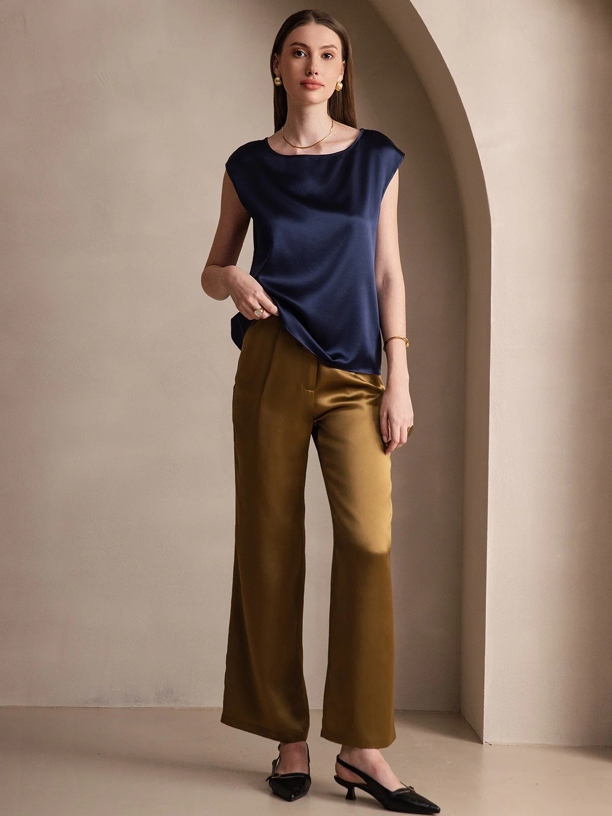 19Momme Women's Silk Cap Sleeve Round Neck Top - Image 34