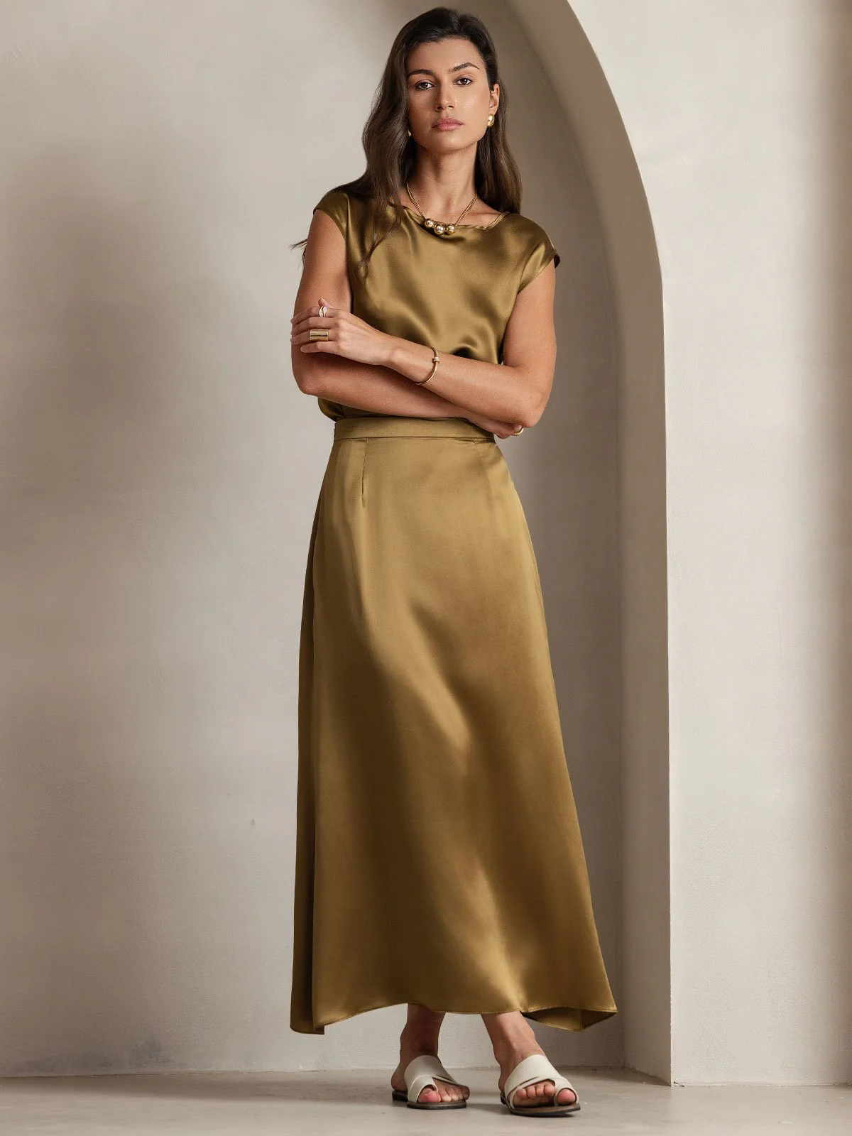 19Momme Women's Silk Cap Sleeve Round Neck Top - Image 53