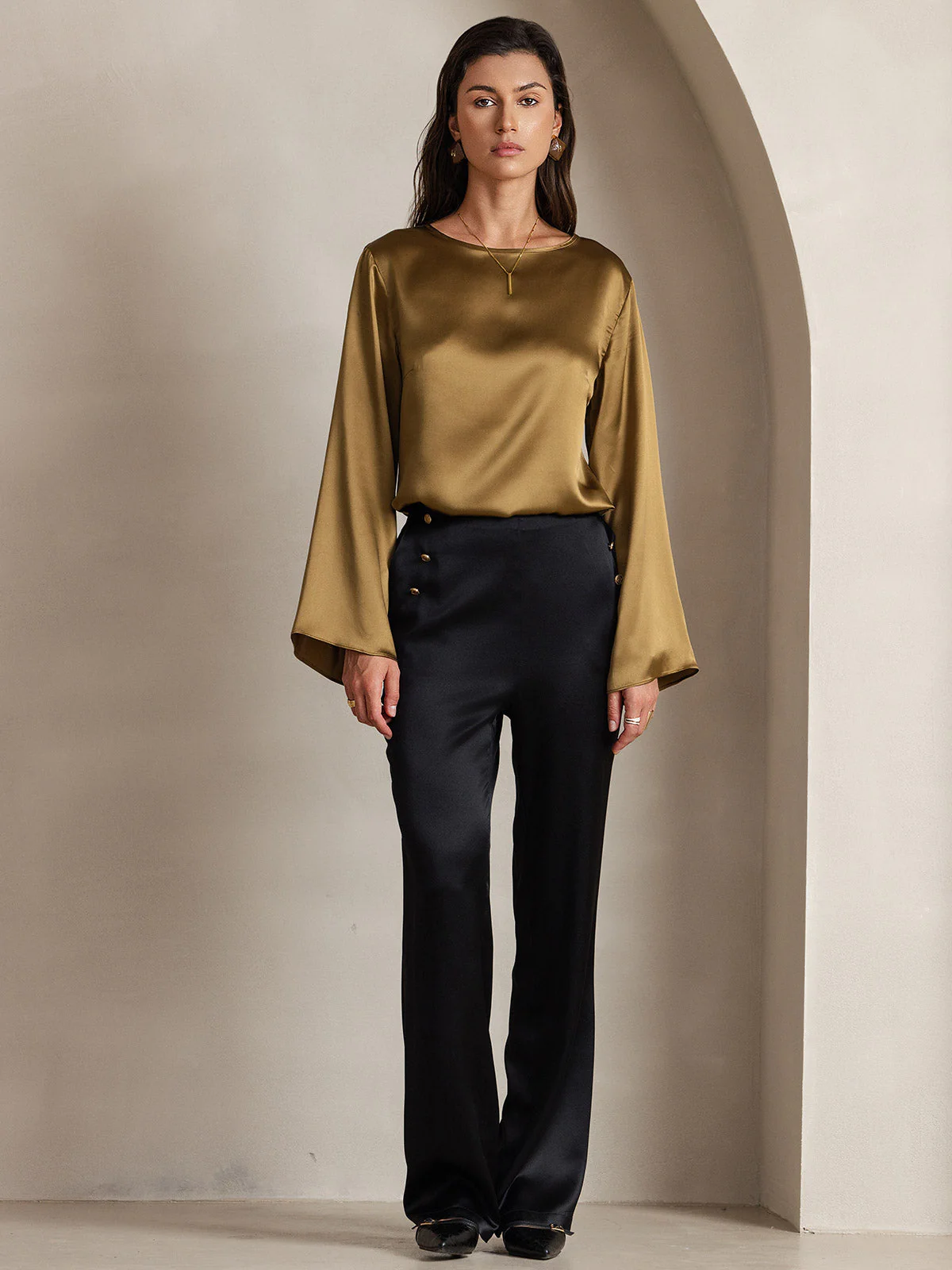 19Momme Silk Bell Sleeve Boat Neck Women's Top - Image 11