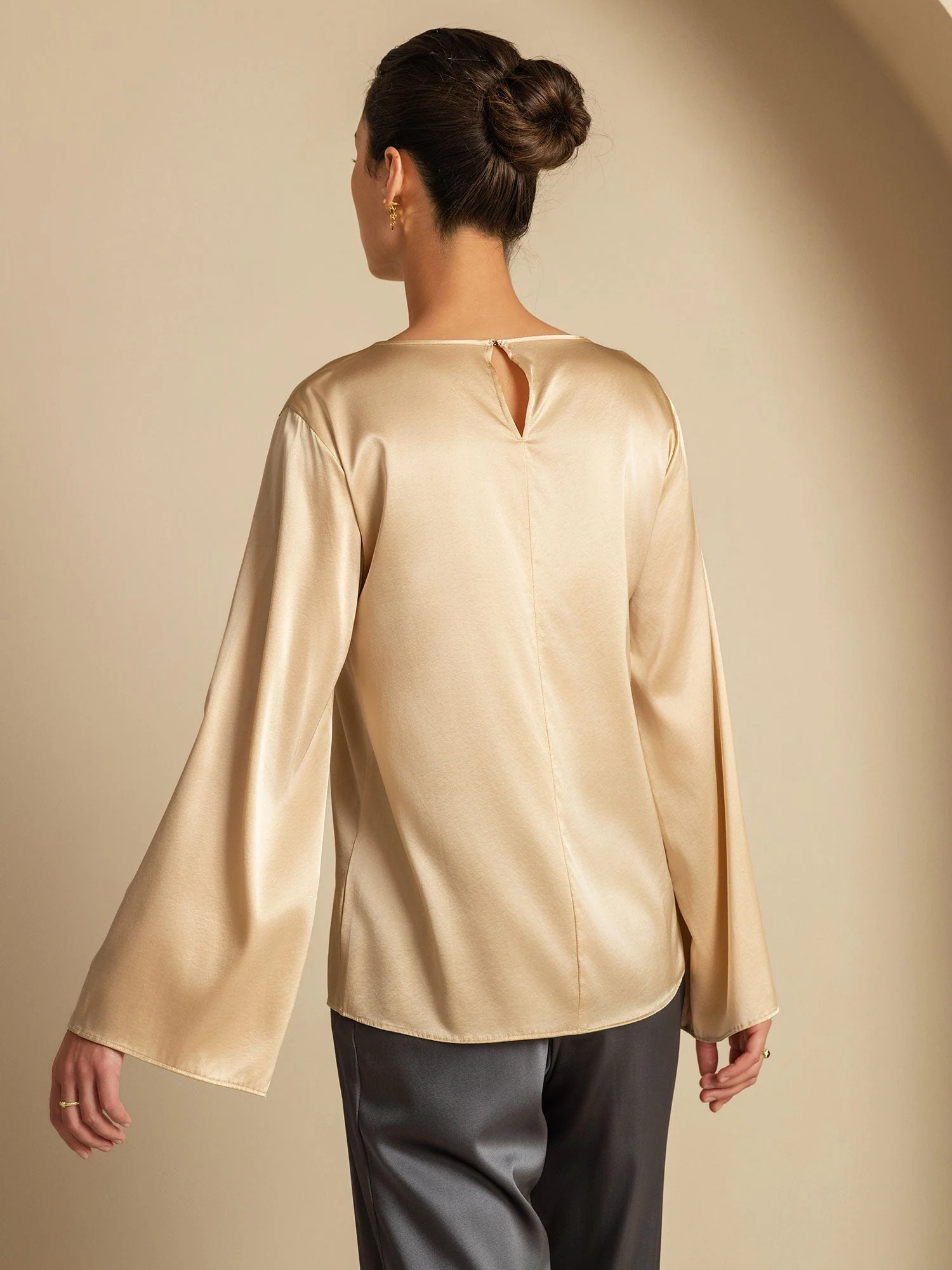 19Momme Silk Bell Sleeve Boat Neck Women's Top - Image 17