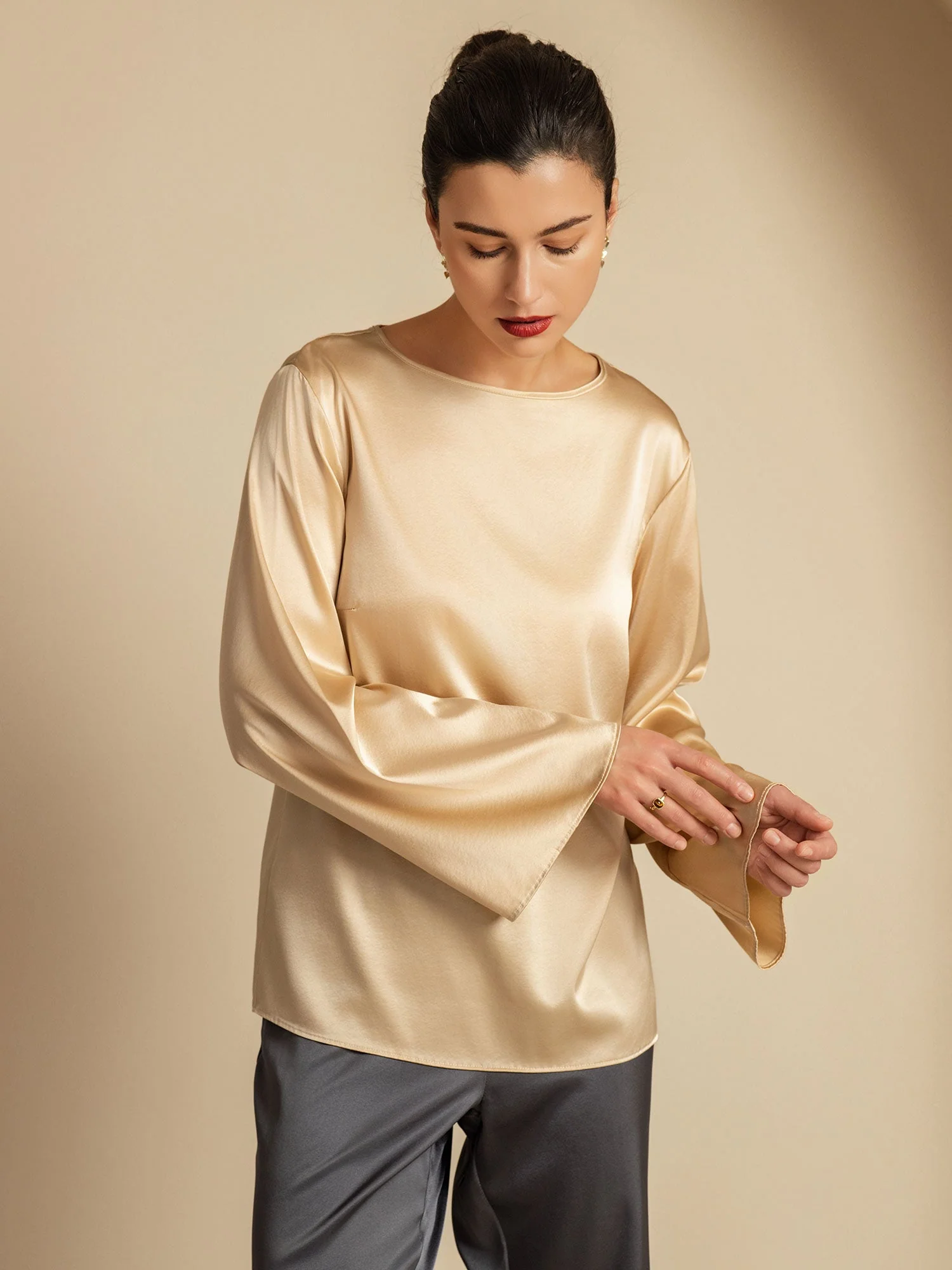 19Momme Silk Bell Sleeve Boat Neck Women's Top - Image 18