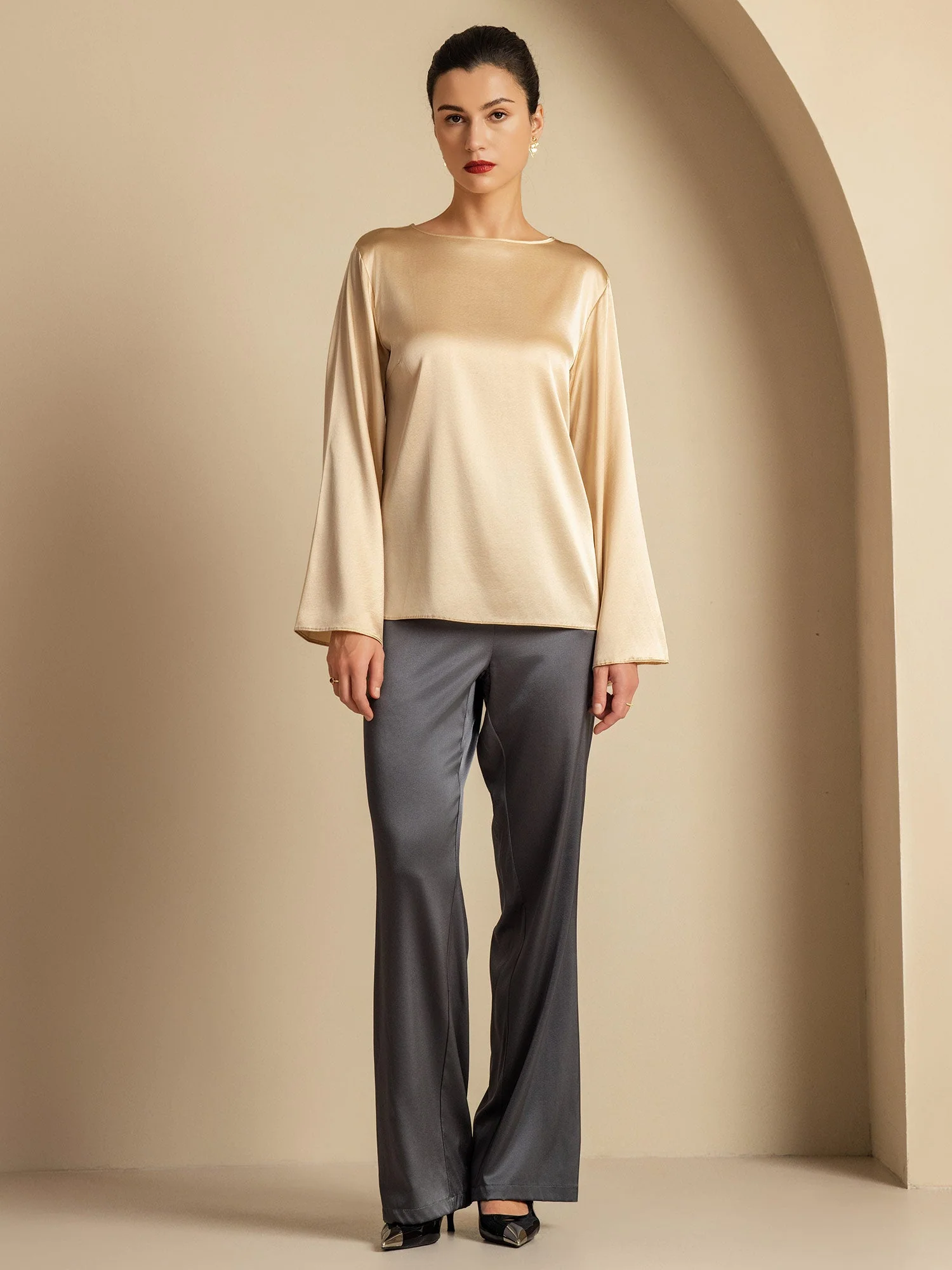 19Momme Silk Bell Sleeve Boat Neck Women's Top - Image 22