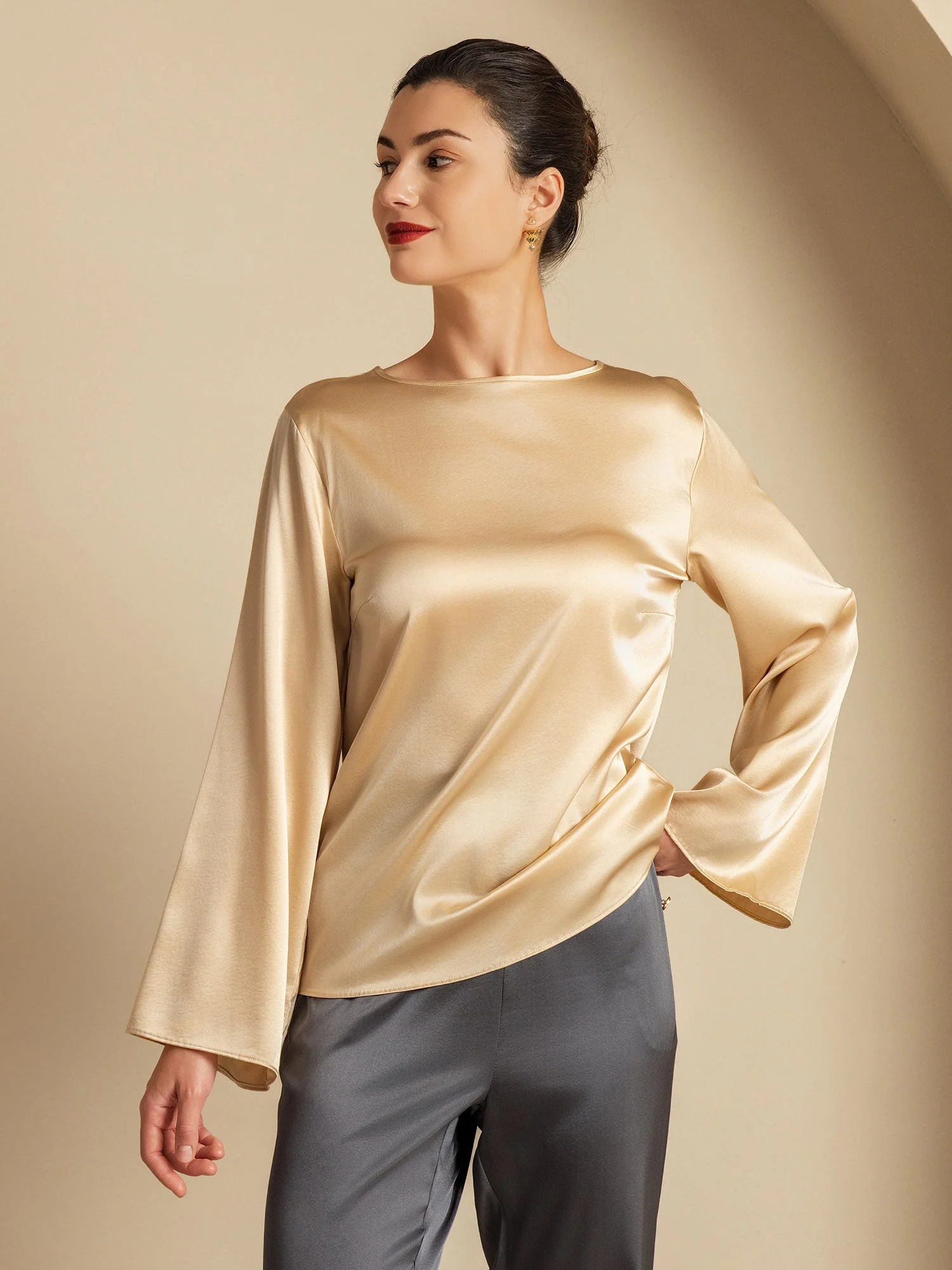 19Momme Silk Bell Sleeve Boat Neck Women's Top - Image 24