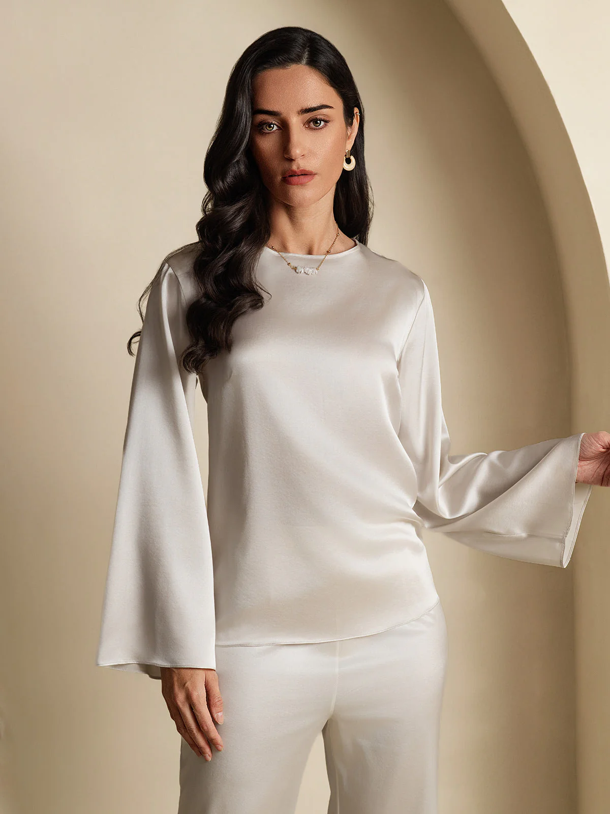 Clearance - 19Momme Silk Bell Sleeve Boat Neck Women's Top