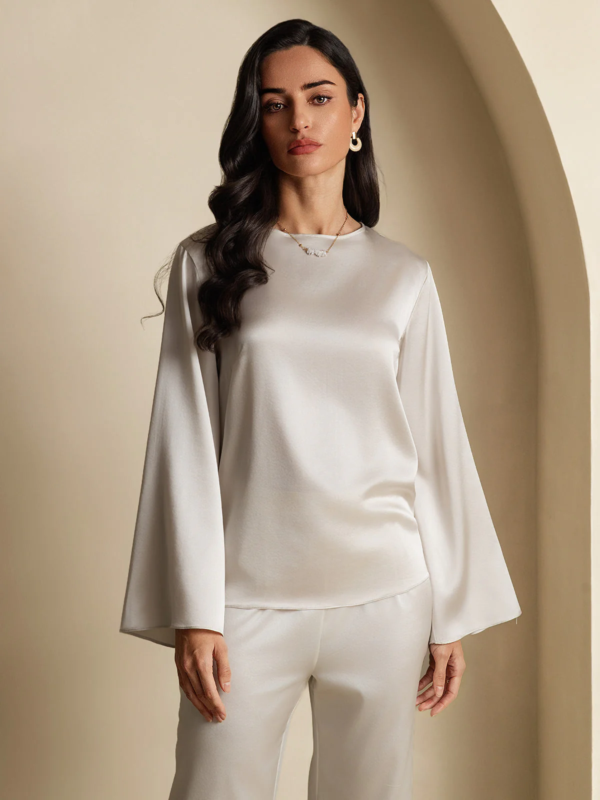 Clearance - 19Momme Silk Bell Sleeve Boat Neck Women's Top - Image 3