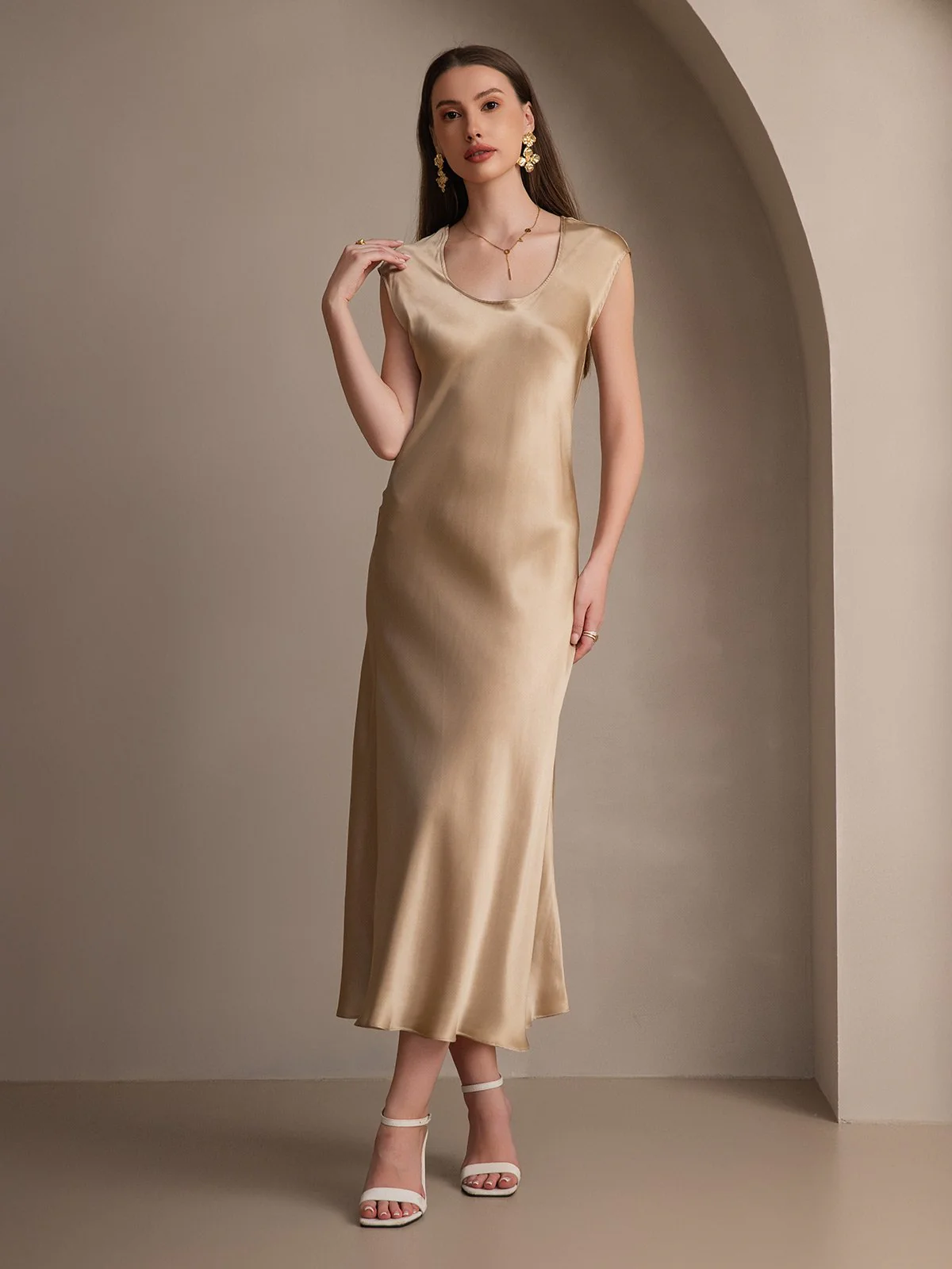 19Momme Silk Cap Sleeve Round Neck Midi Dress - Image 17