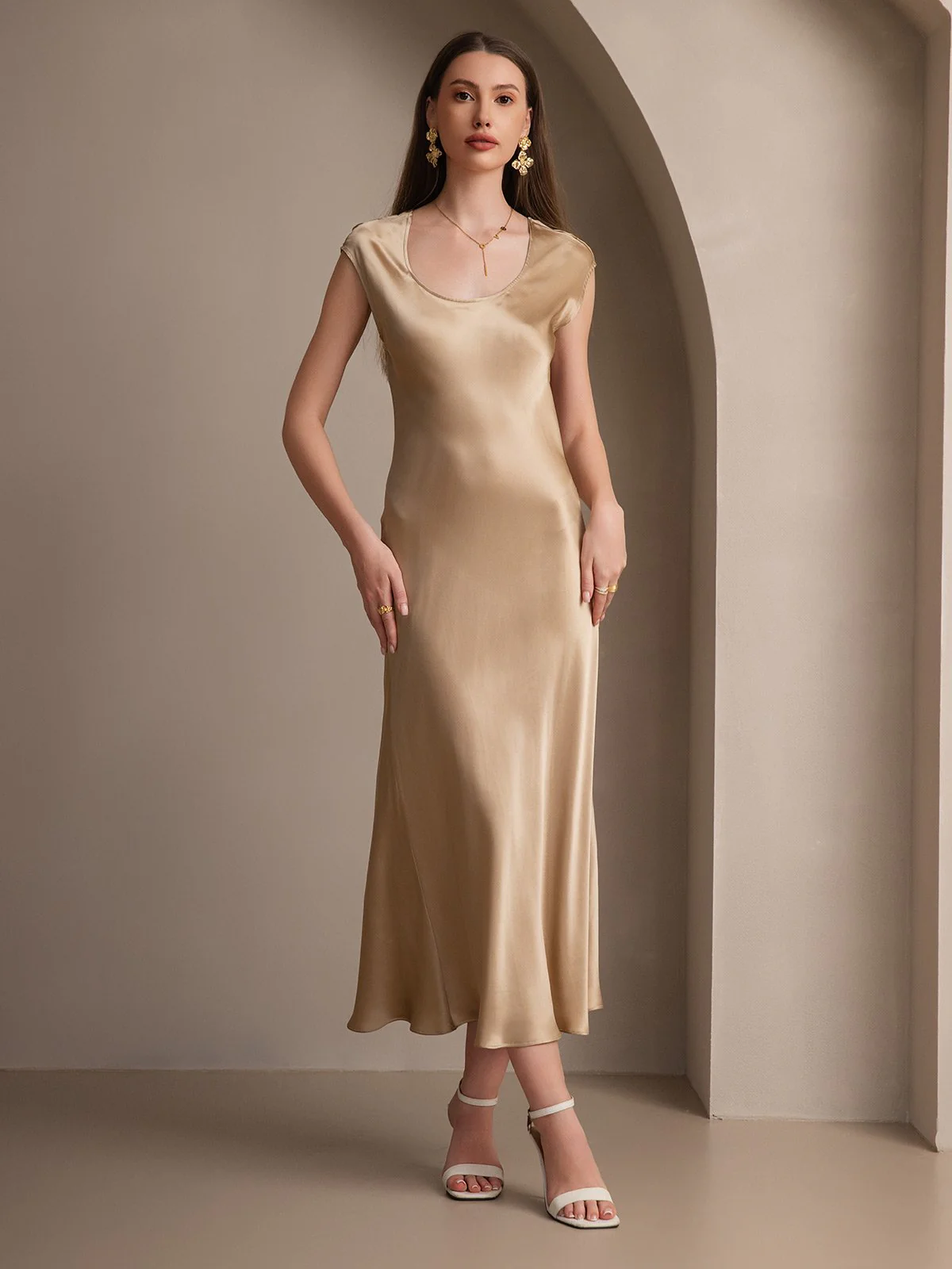 19Momme Silk Cap Sleeve Round Neck Midi Dress - Image 18