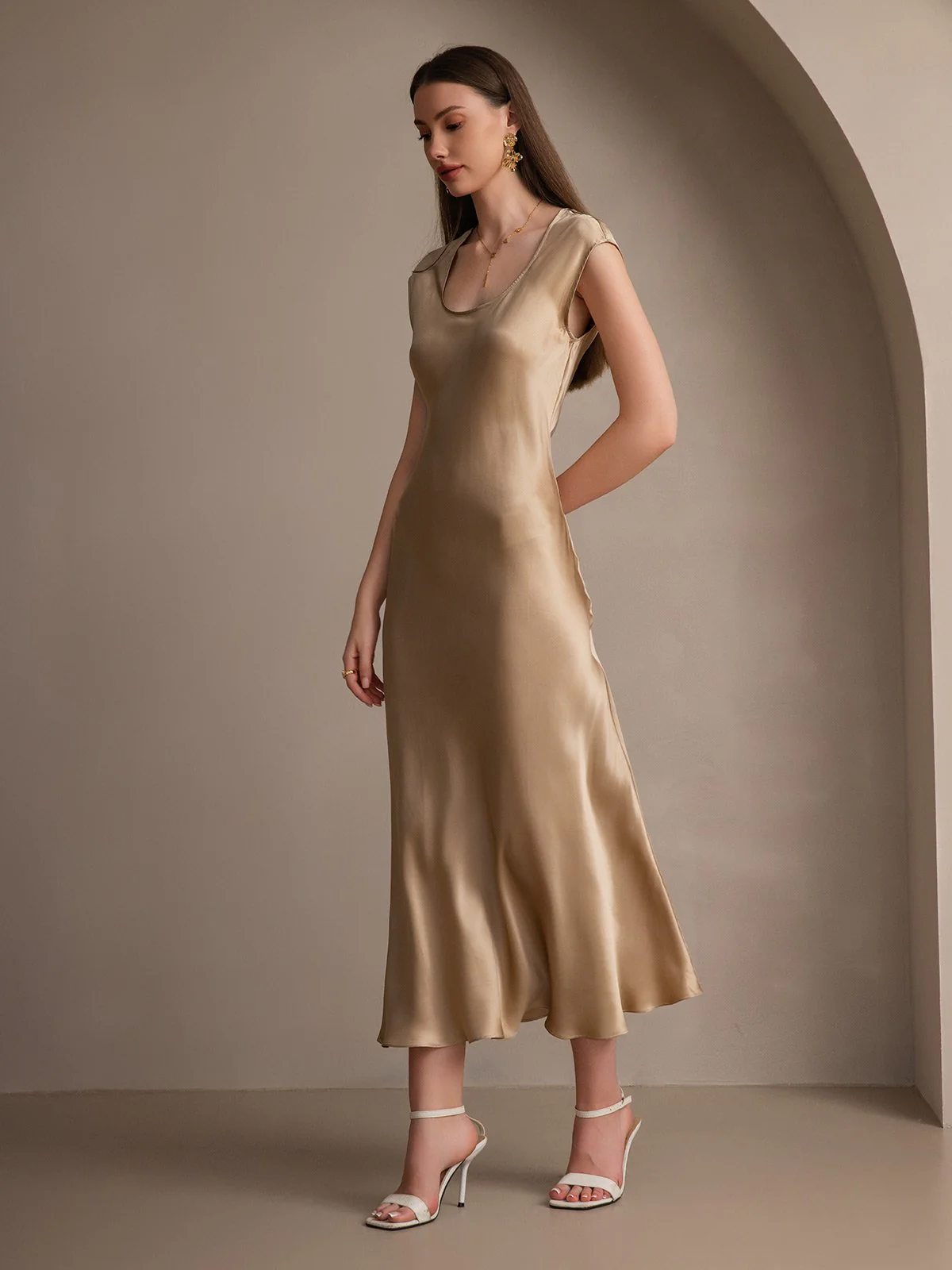 19Momme Silk Cap Sleeve Round Neck Midi Dress - Image 19