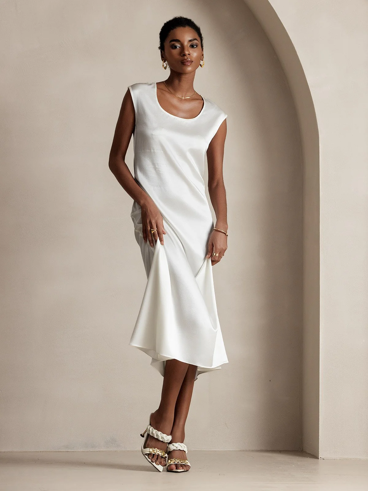 19Momme Silk Cap Sleeve Round Neck Midi Dress - Image 22